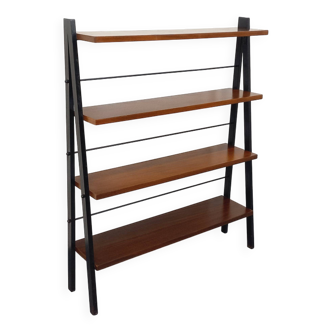 Vintage teak and black metal shelf on legs