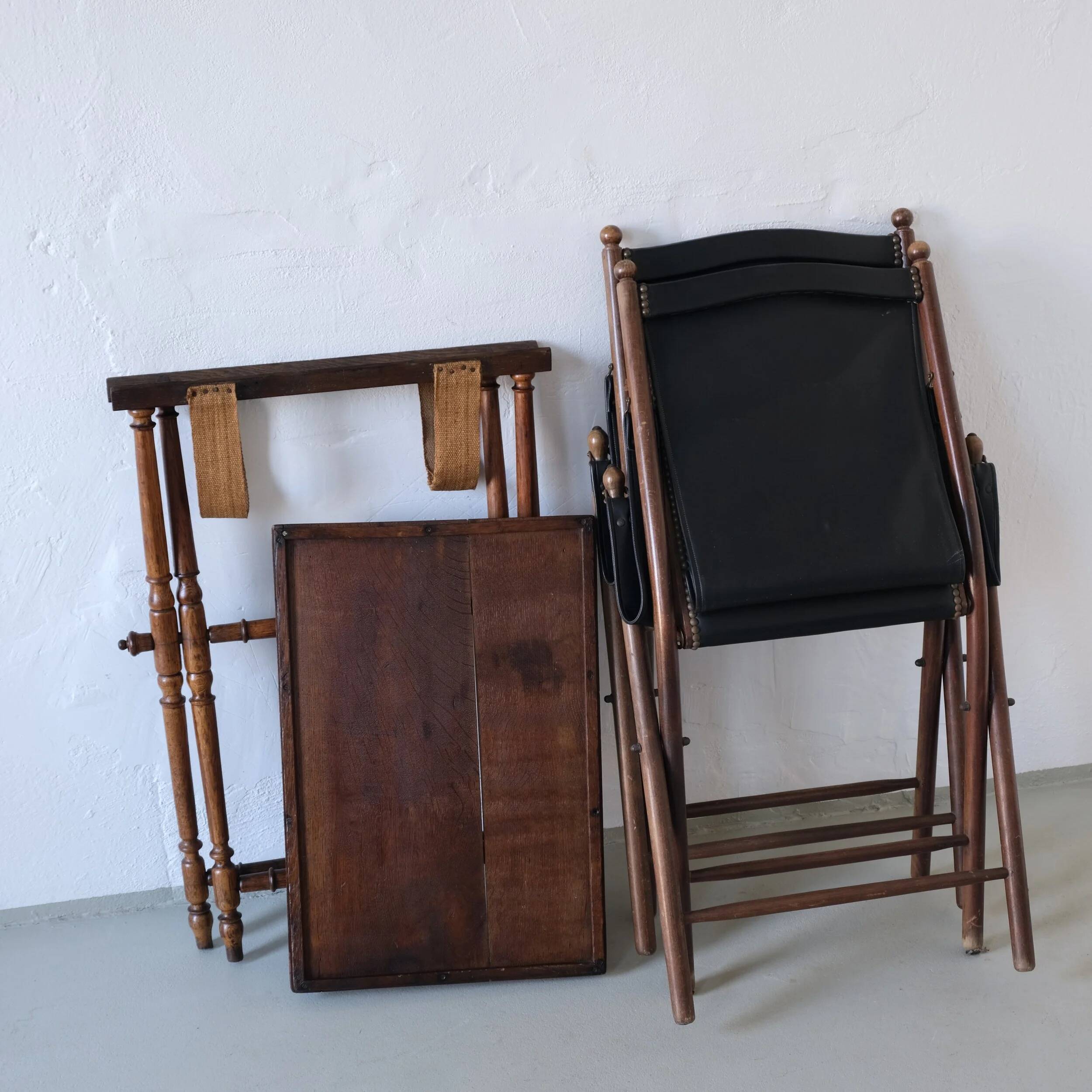 Vintage folding chair and tray table set | Campaign style