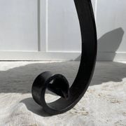 Brutalist coffee table in solid elm and wrought iron, ram's horn legs.