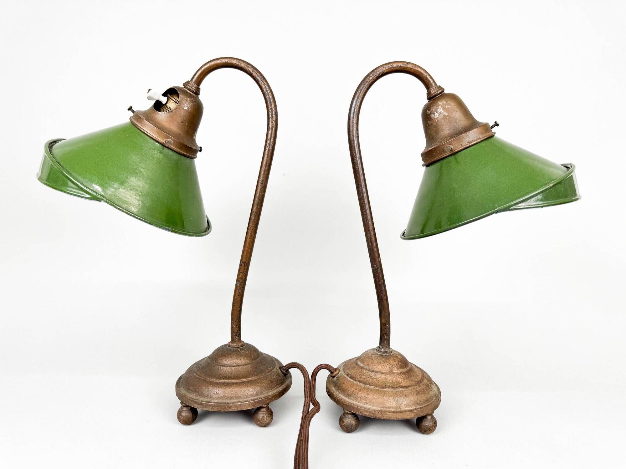 Pair of Unique 1920's Enamel & Cast Iron Desk Lamps, Czechoslovakia