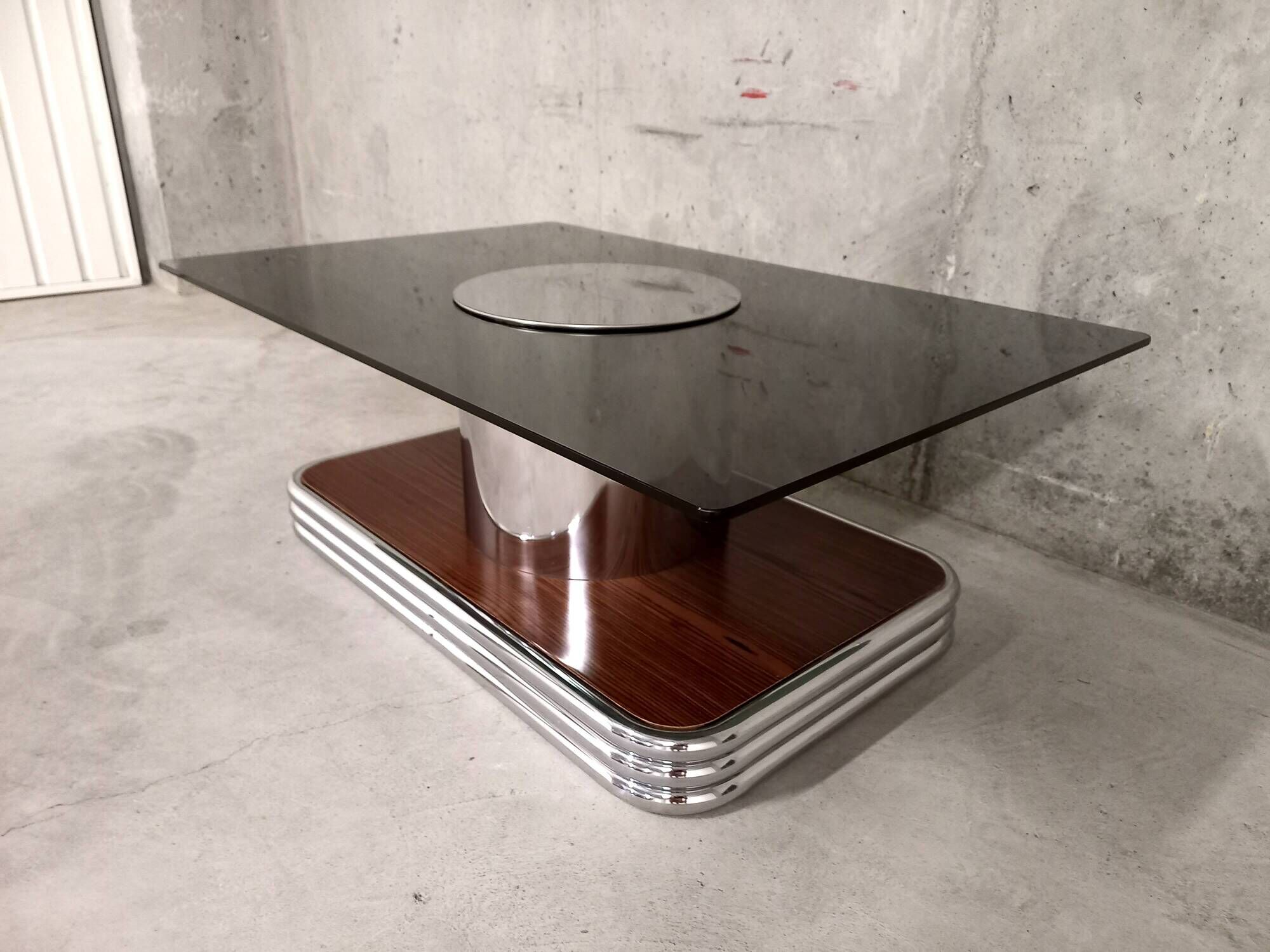 Vintage coffee table in smoked glass, chrome metal and wood décor 60s 70s