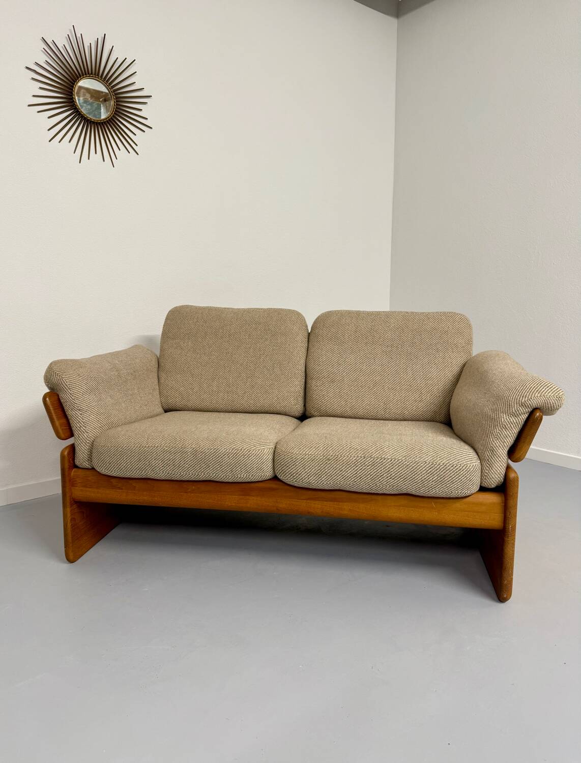 Old sofa in solid elm and vintage 80s design fabric Seltz France