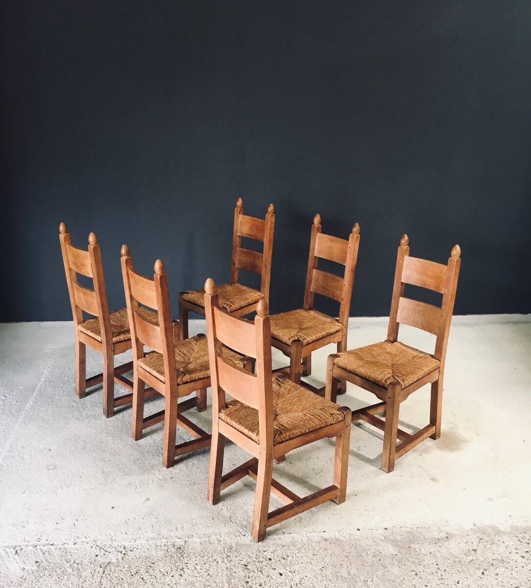 Handcrafted Oak and Rush Dining Chairs, Belgium, 1960s, Set of 6