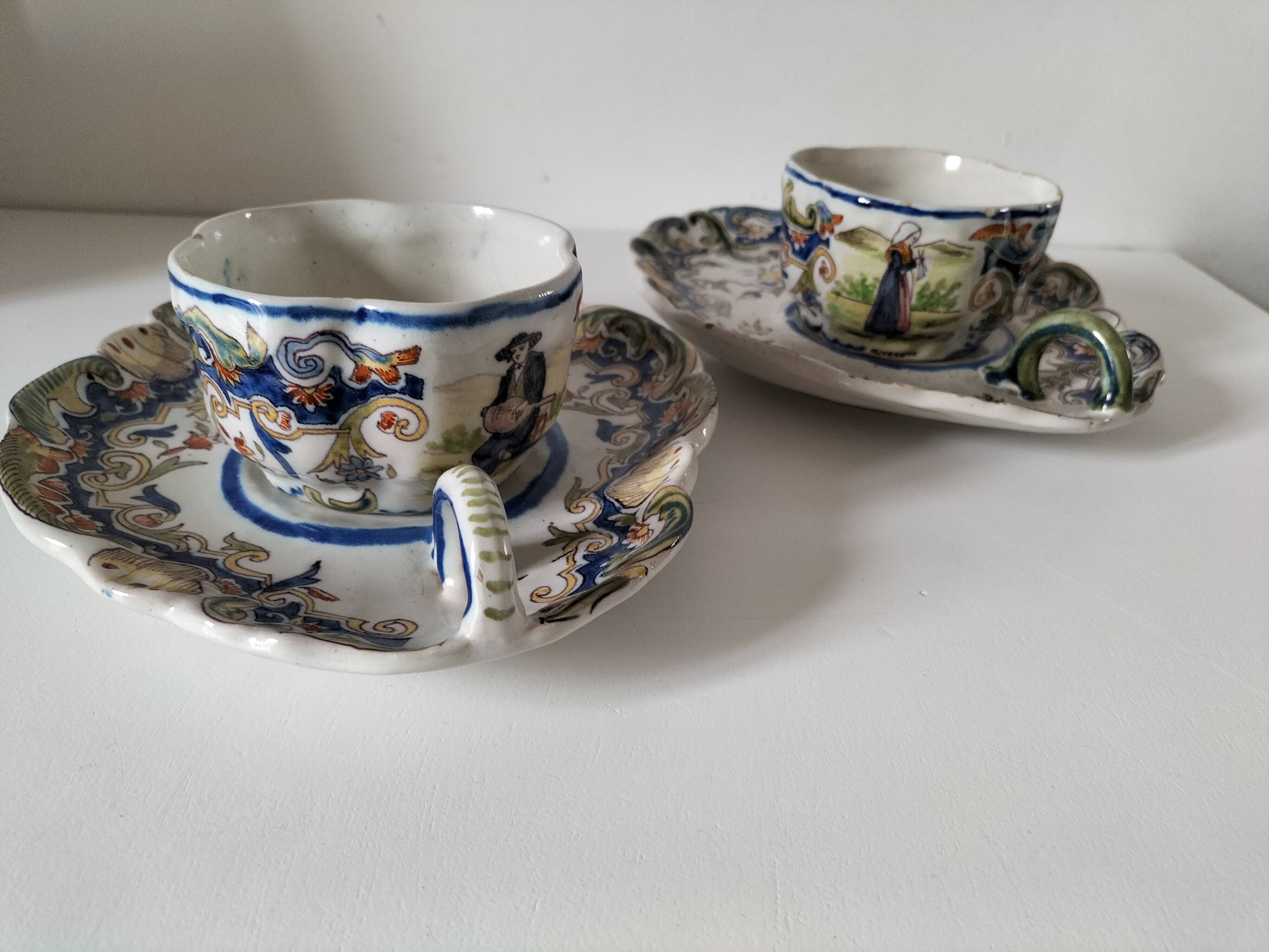 Breakfast set duo Desvres Fourmaintraux regionalist decoration