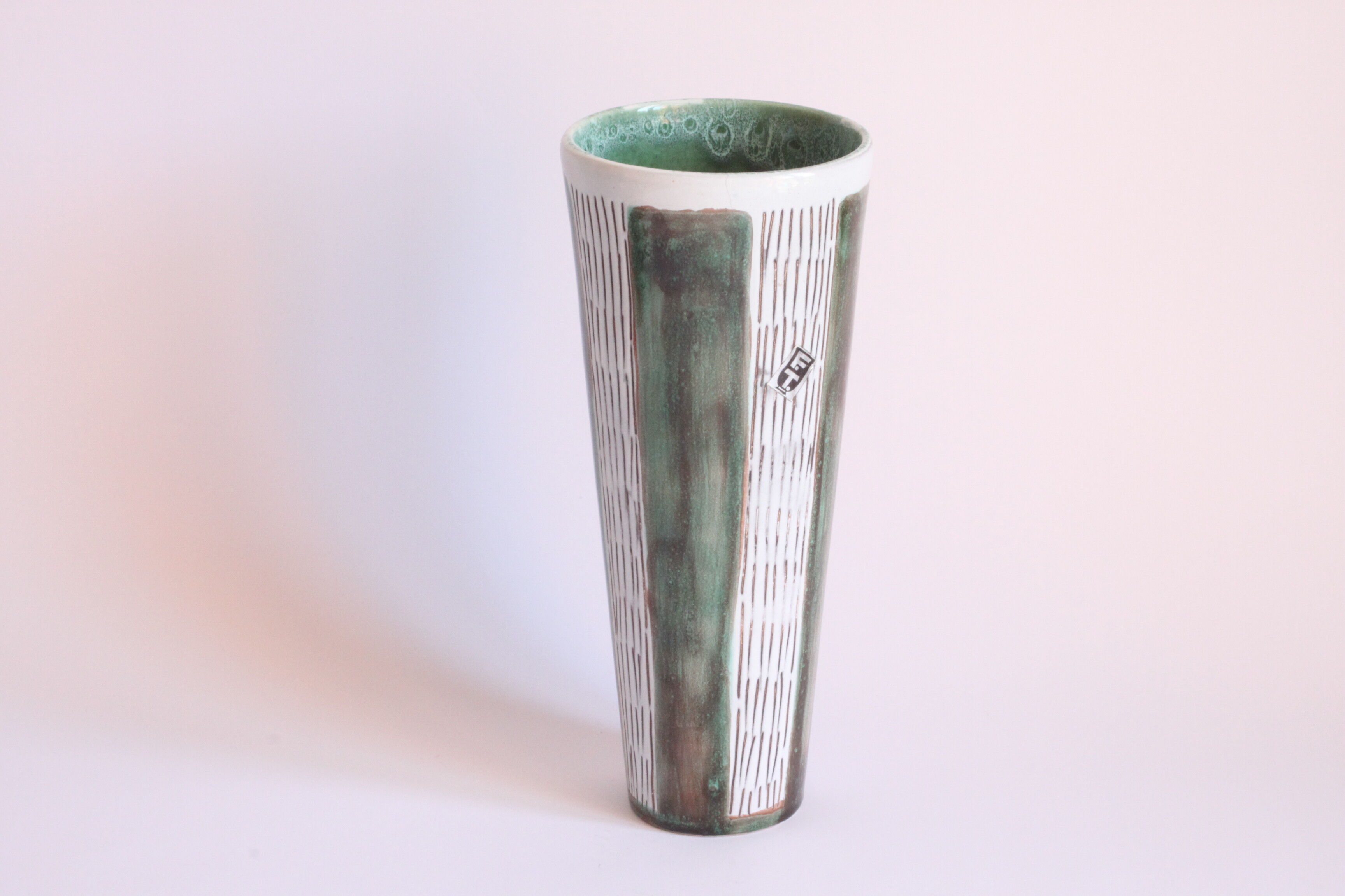 Striped green vase by Faiencerie Thulin, Belgium 1950s.