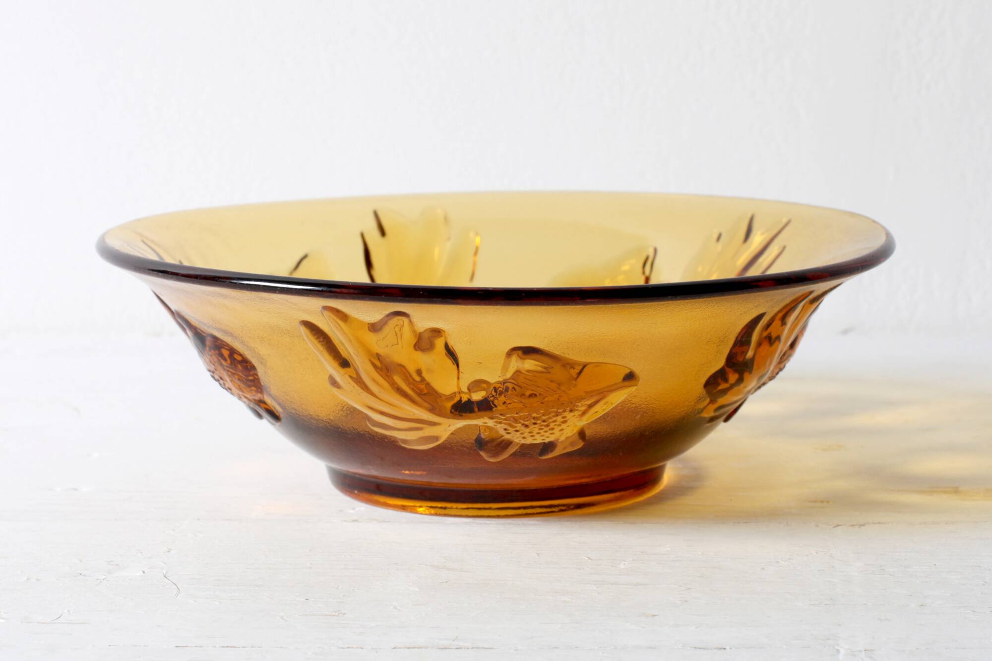 Vintage Amber Glass Bowl with Embossed Fish Pattern / Czech Repulic / 1980s