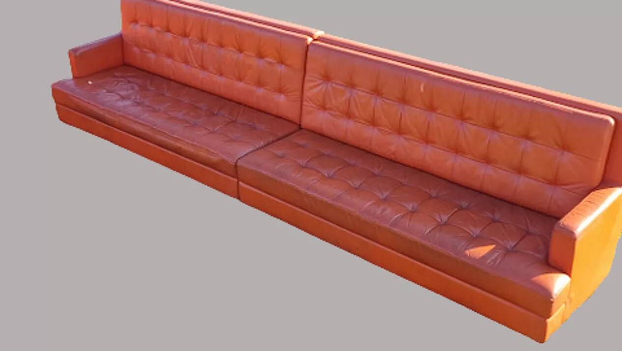 14 armchairs and 4 vintage orange leather benches