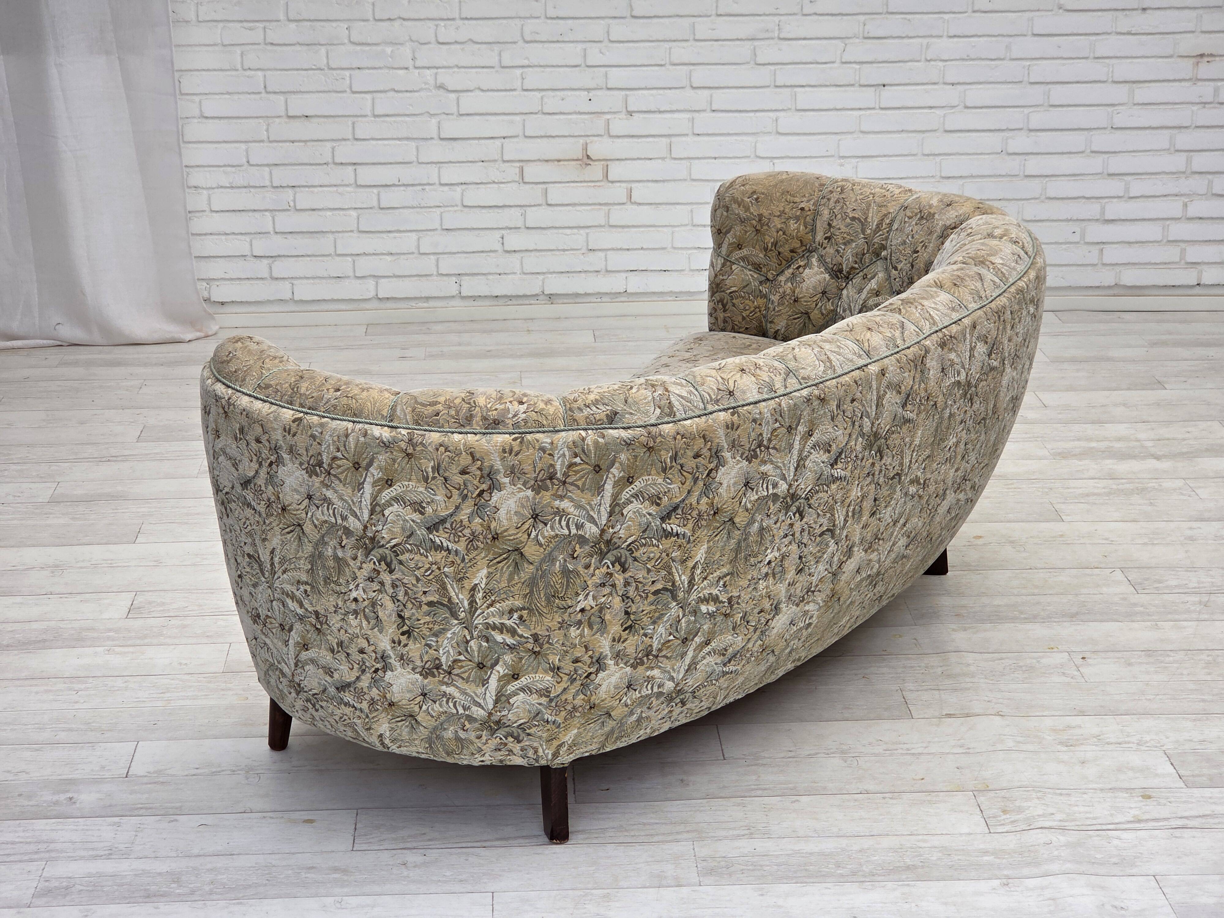 1970s, Danish 3 seater curved sofa, original multicolor furniture fabric.