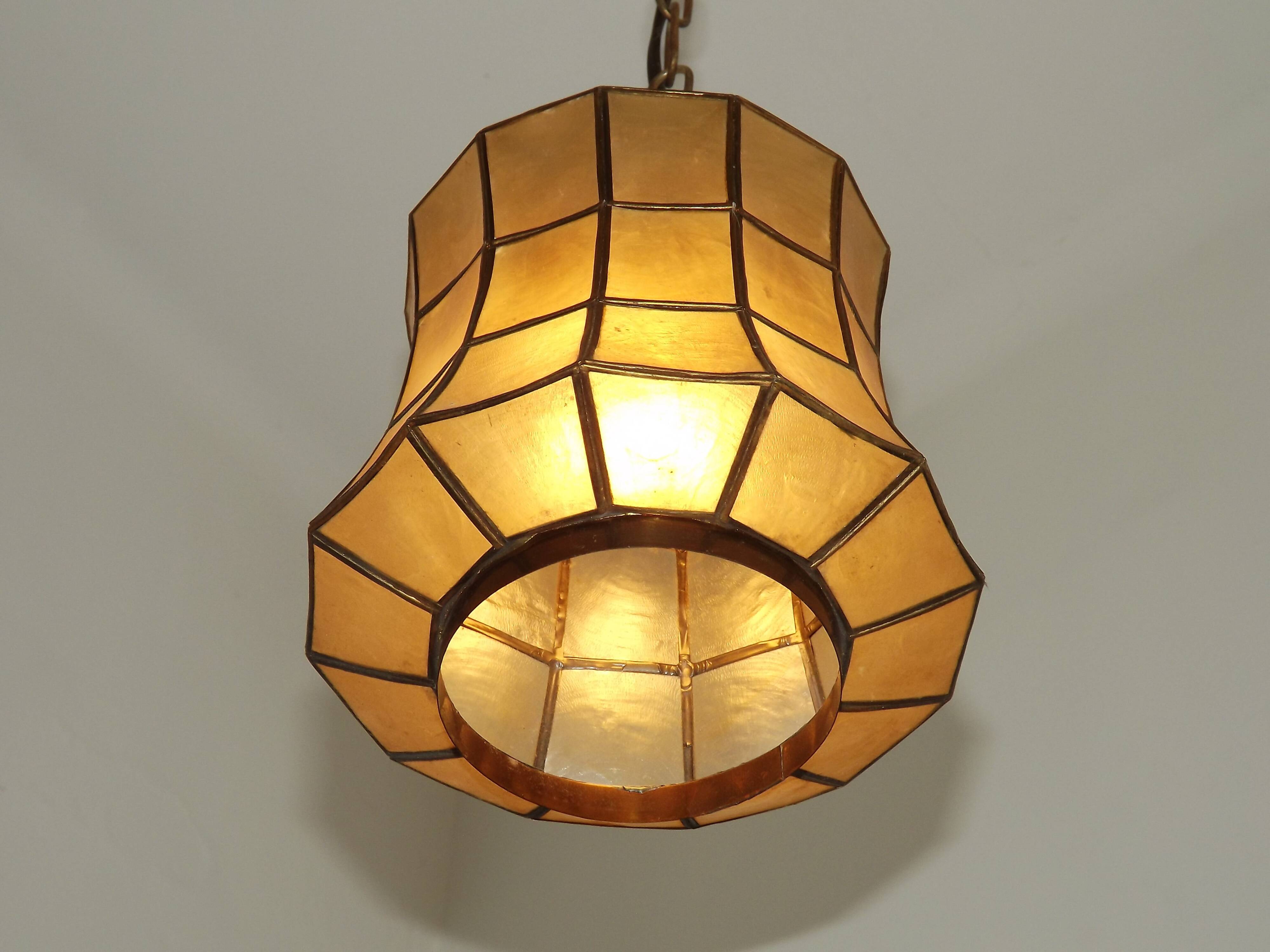 French Vintage Capiz Shell Hanging Pendant Light in Brass Metal and Copper