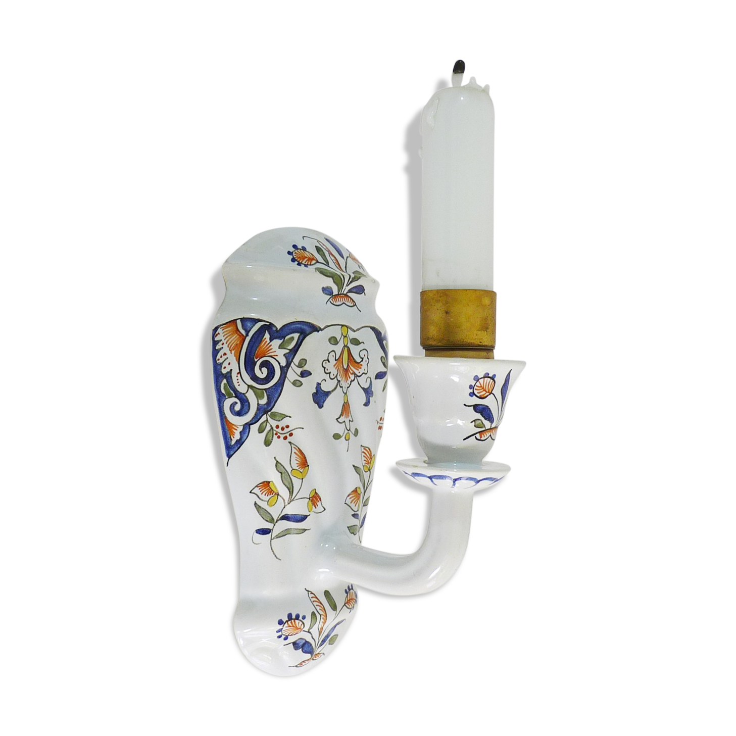 Vintage wall applique in Rouen style earthenware, glass candle