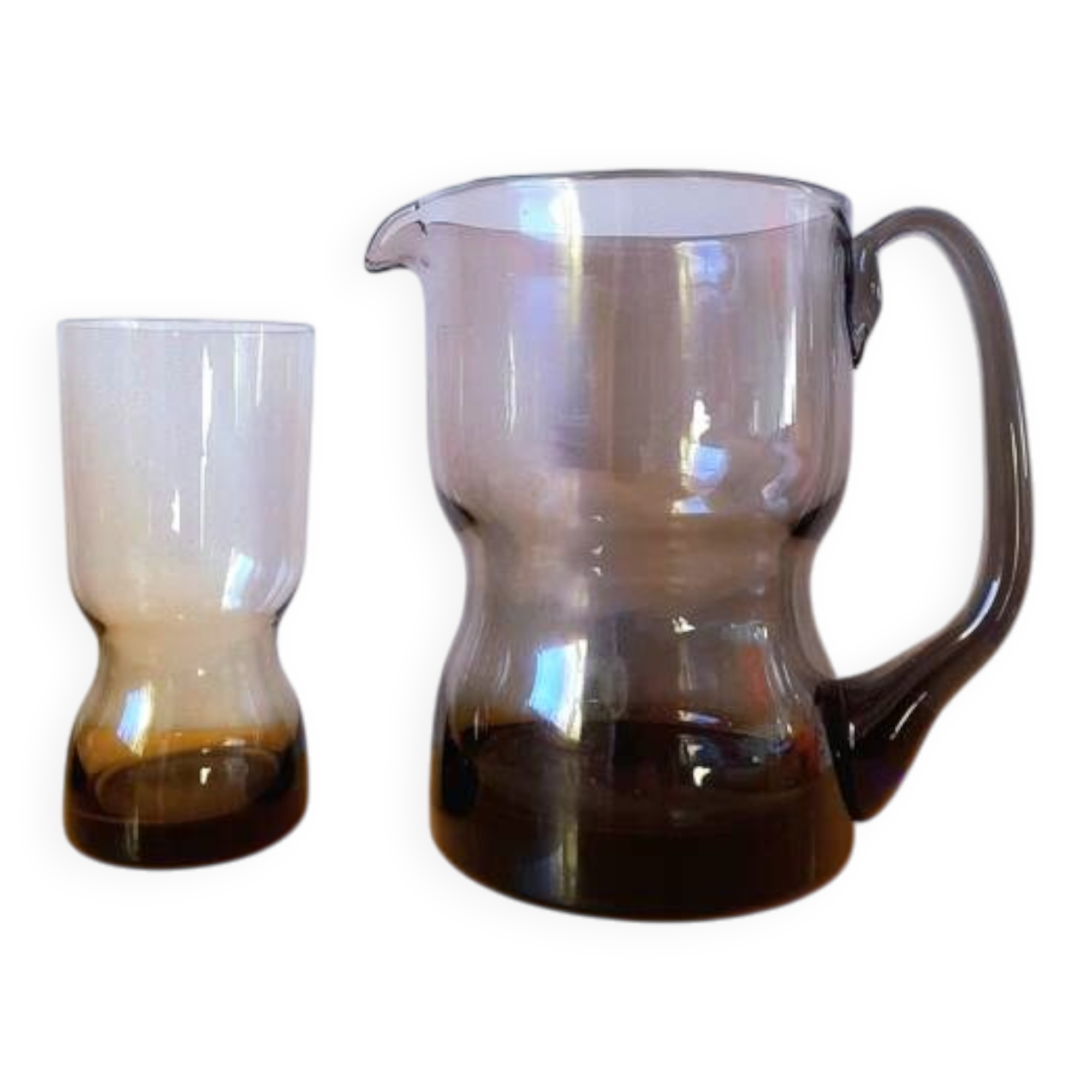 Service en verre fumé, verre et carafe 1970