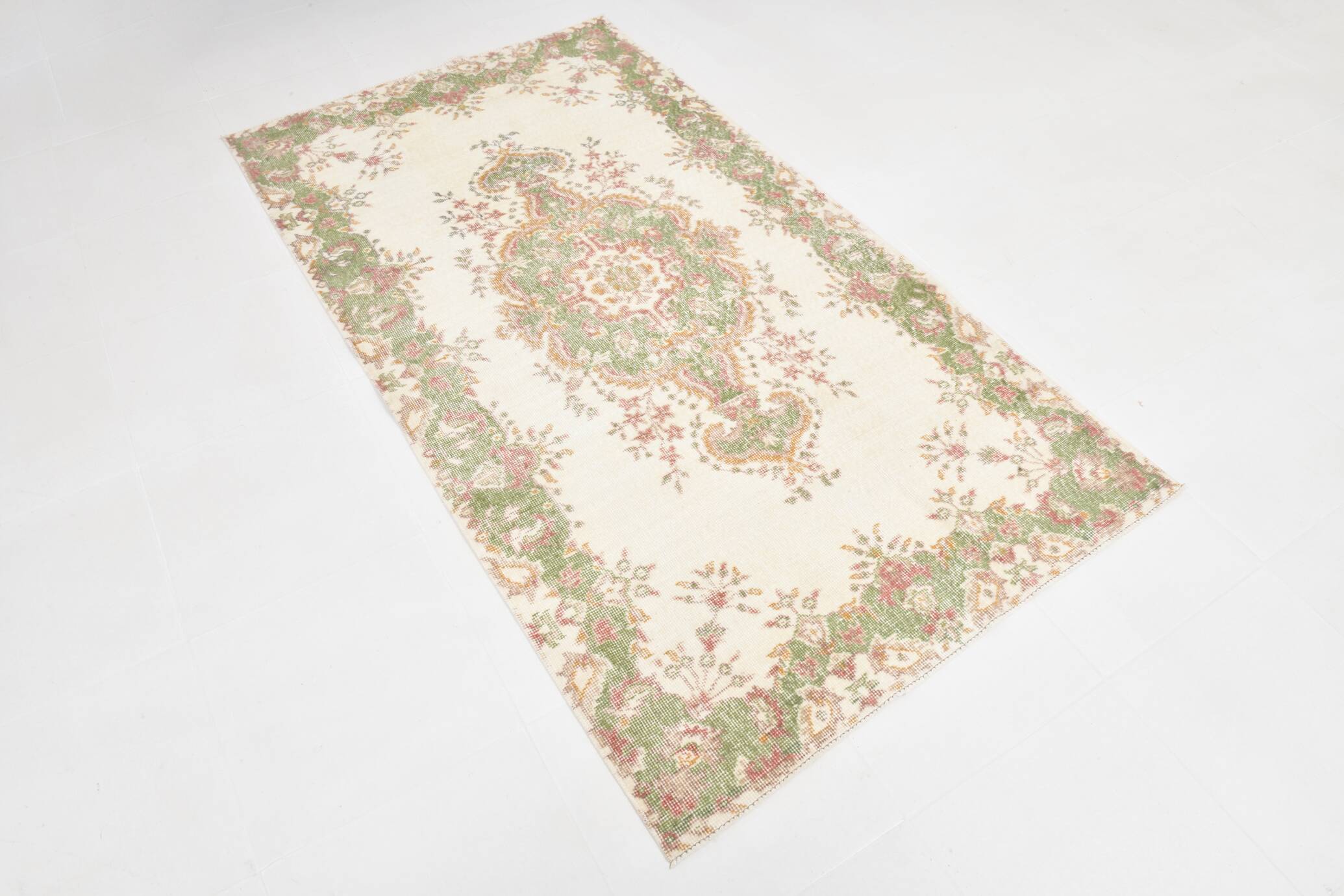4x7 Beige and Green Floral Design Vintage Rug, Anatolian Rug, 113x207Cm