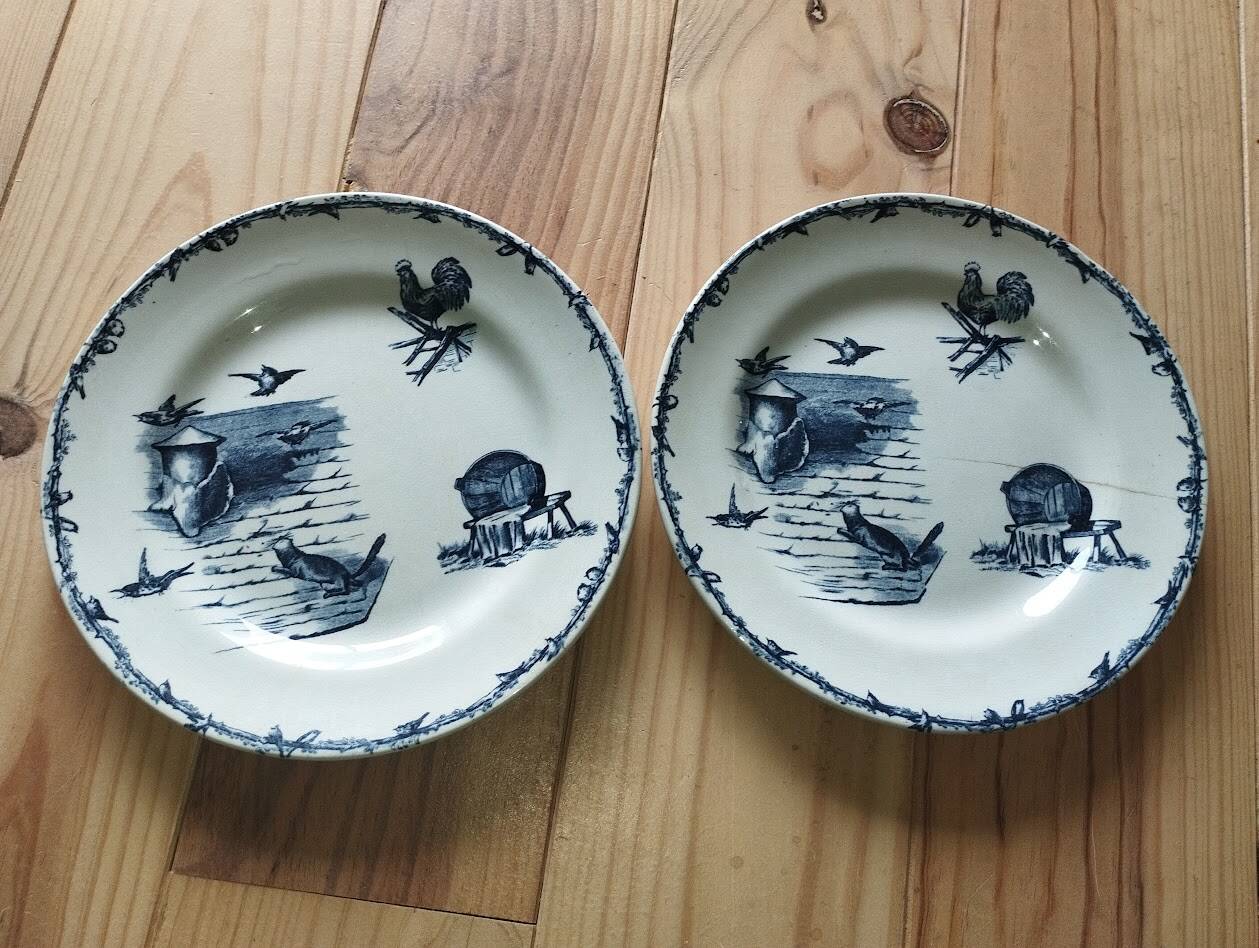 Assiettes Terre de Fer – Décor pastoral bleu – XIXe
