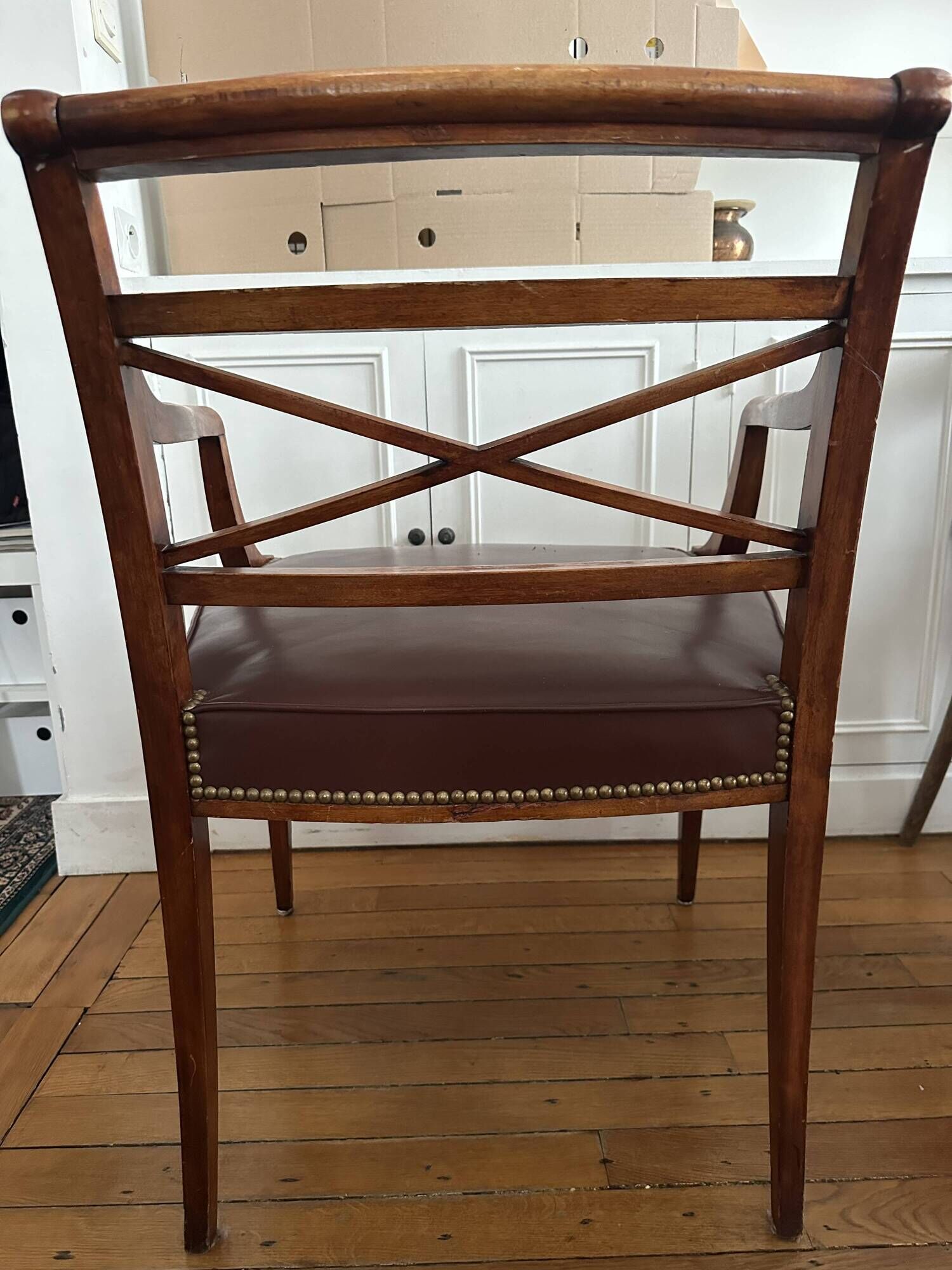 Pair of leather and wood bridge armchairs – Directoire style, 1940s