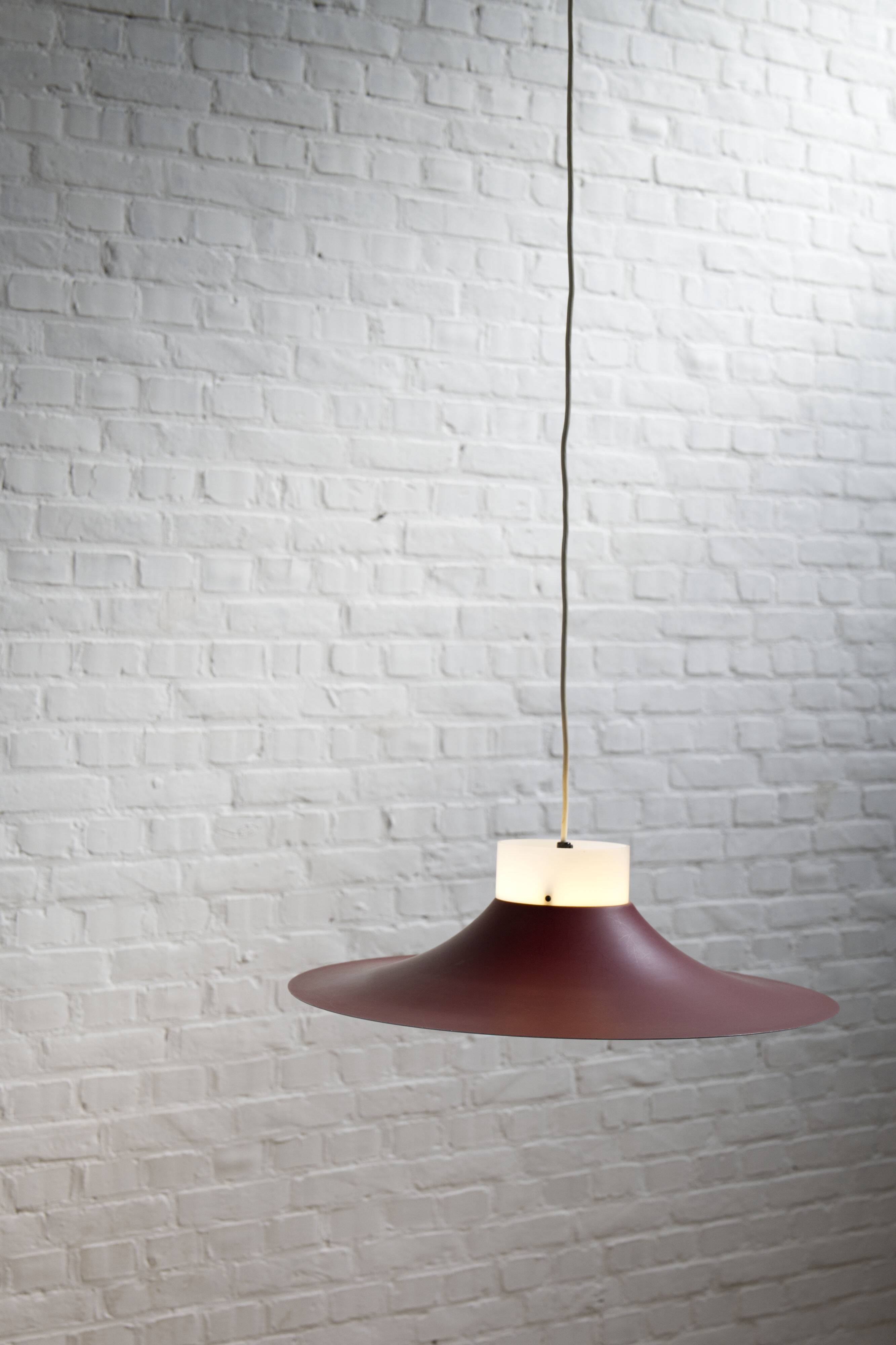 Danish red metal and opal plastic pendant lamp, 1960s