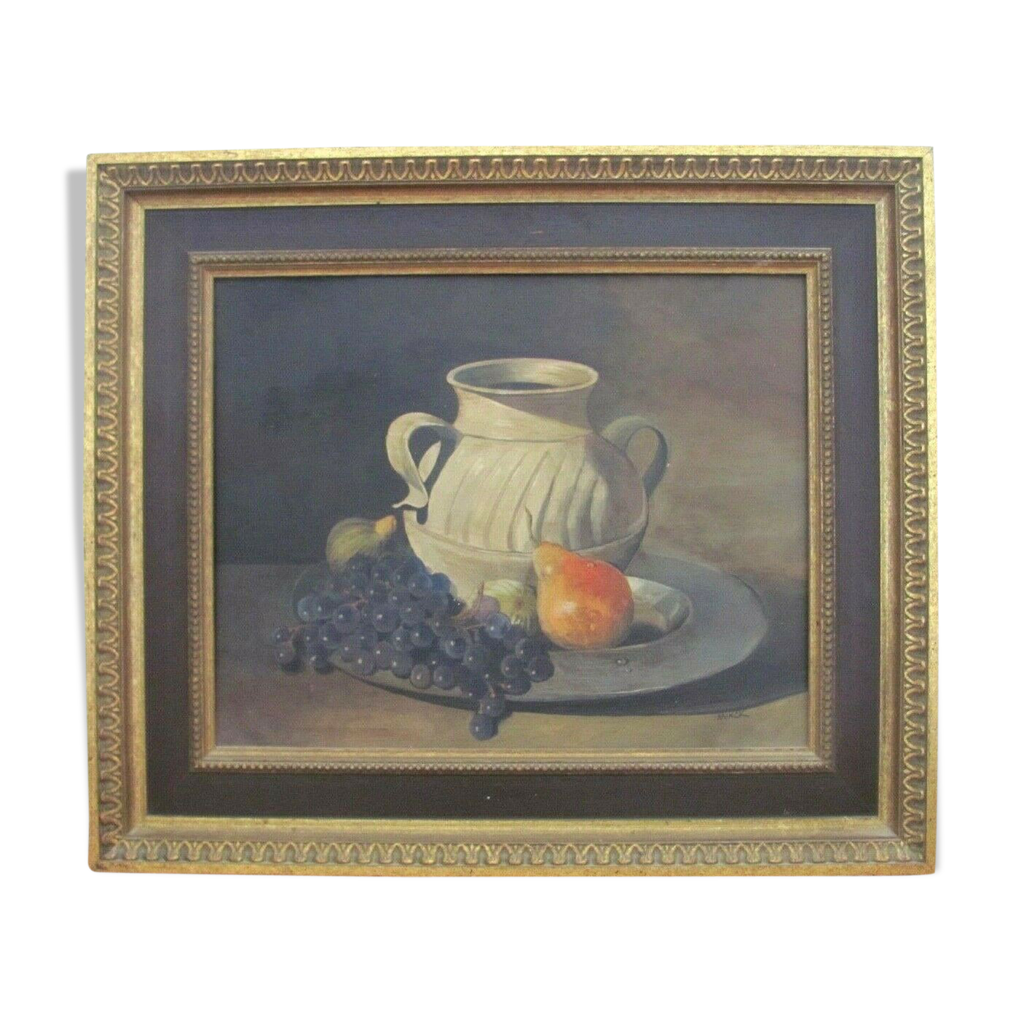 Tableau nature morte céramique agrémentée de fruits XIXe