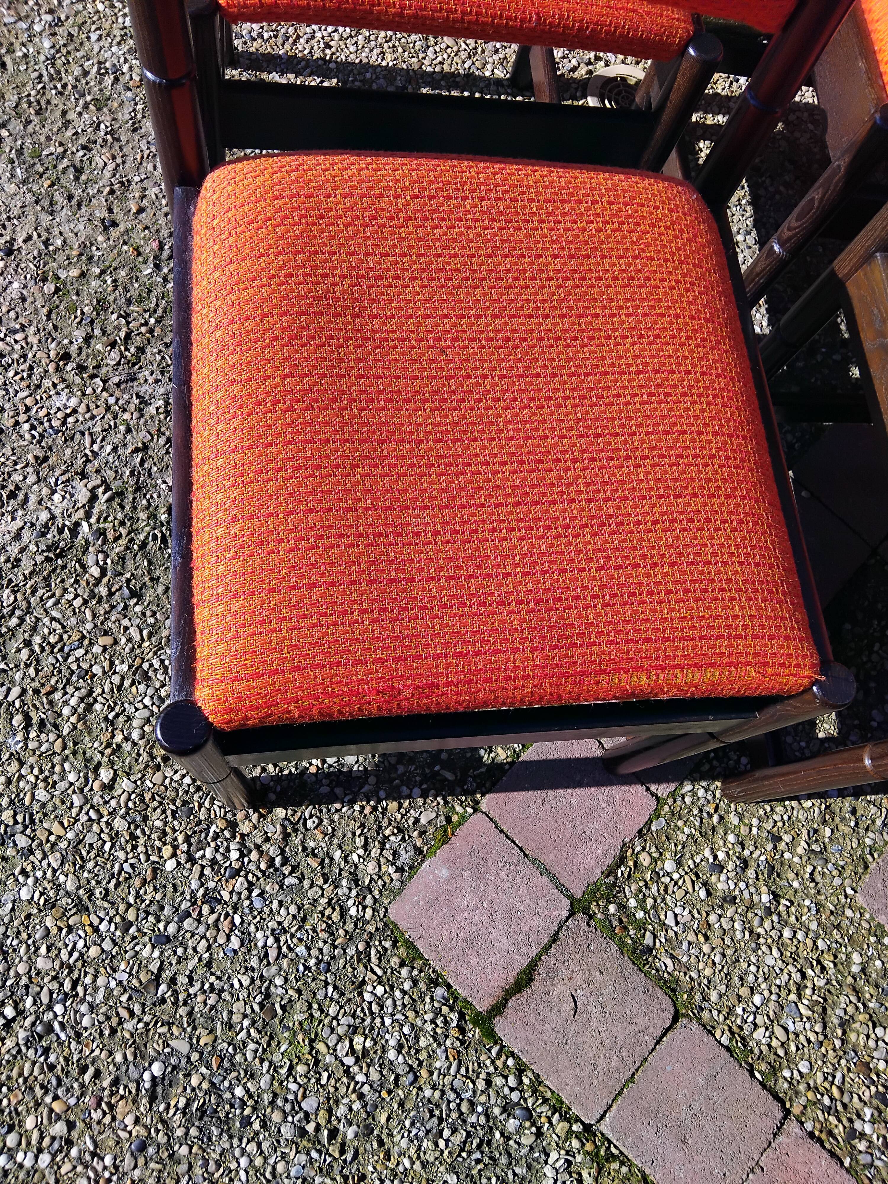 6 vintage wooden and orange fabric chairs