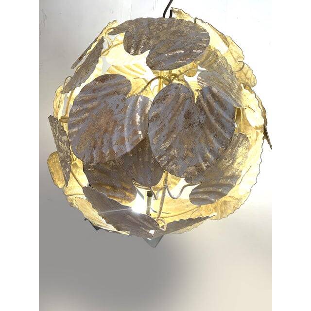 Contemporary gold-leaf and white leaves sphere suspension pendant