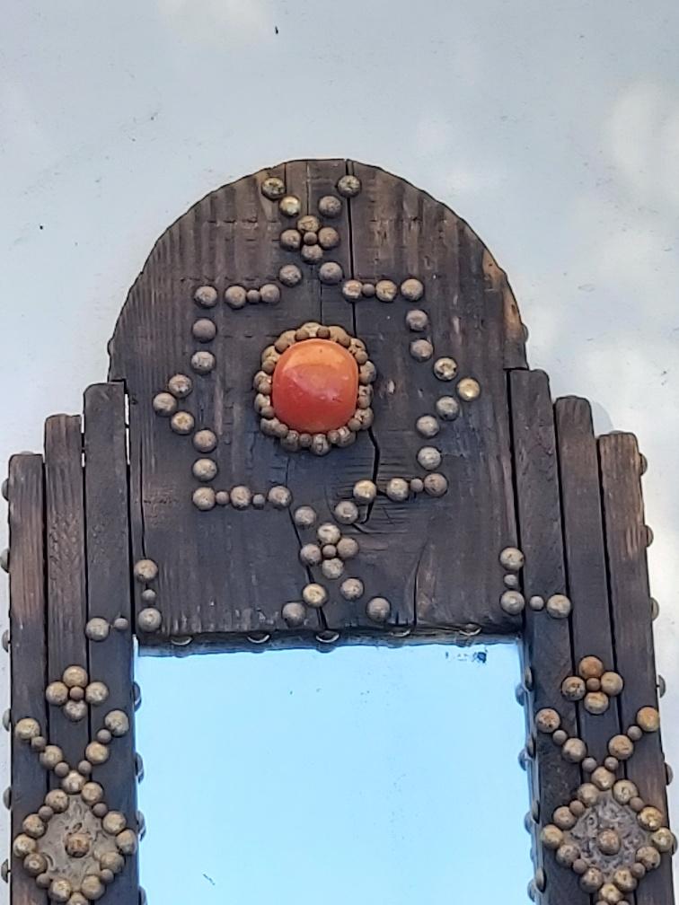 Ancient brutalist oriental wooden mirror 23x53cm