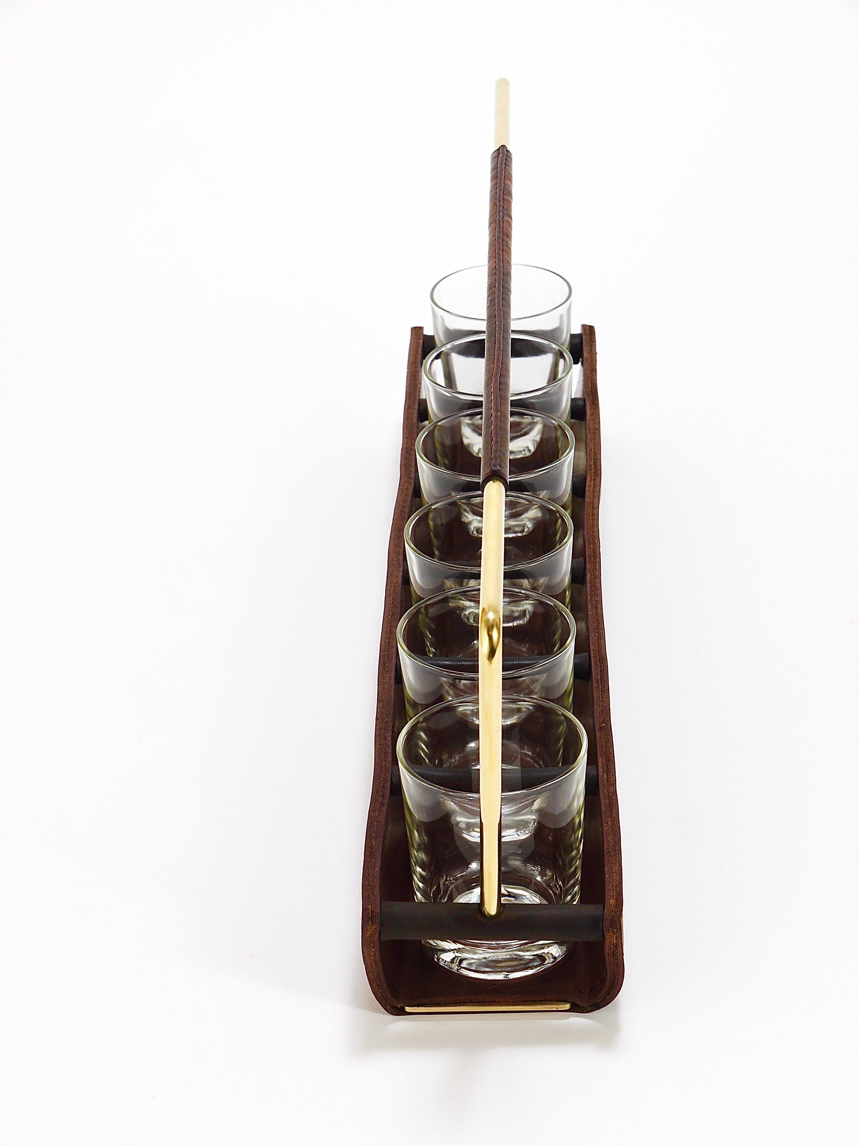 Carl Auböck II drinking glass holder, leather and brass, Austria 1950s
