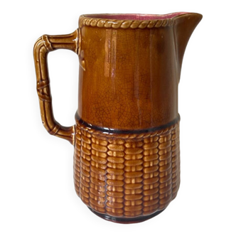 Old vintage ceramic pitcher or jug from Sarreguemines France Brown and pink interior, imitation basket