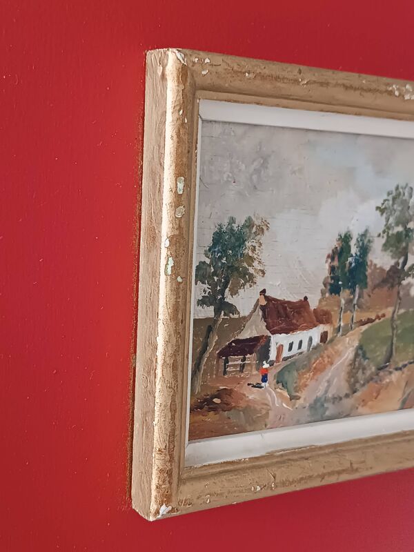 Huile sur panneau encadrée paysage de campagne ancien