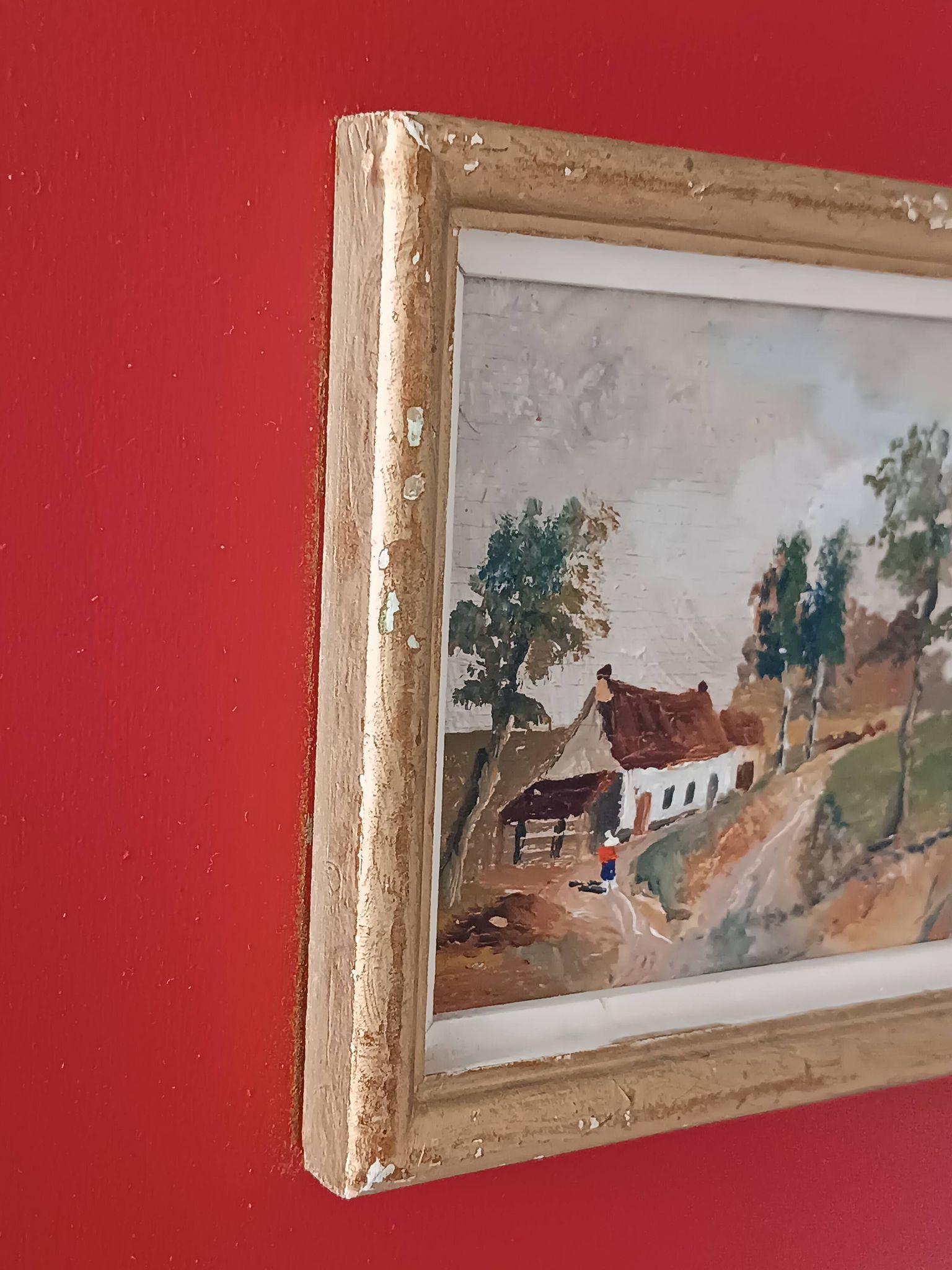 Framed oil on panel of an old countryside landscape.