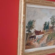 Framed oil on panel of an old countryside landscape.