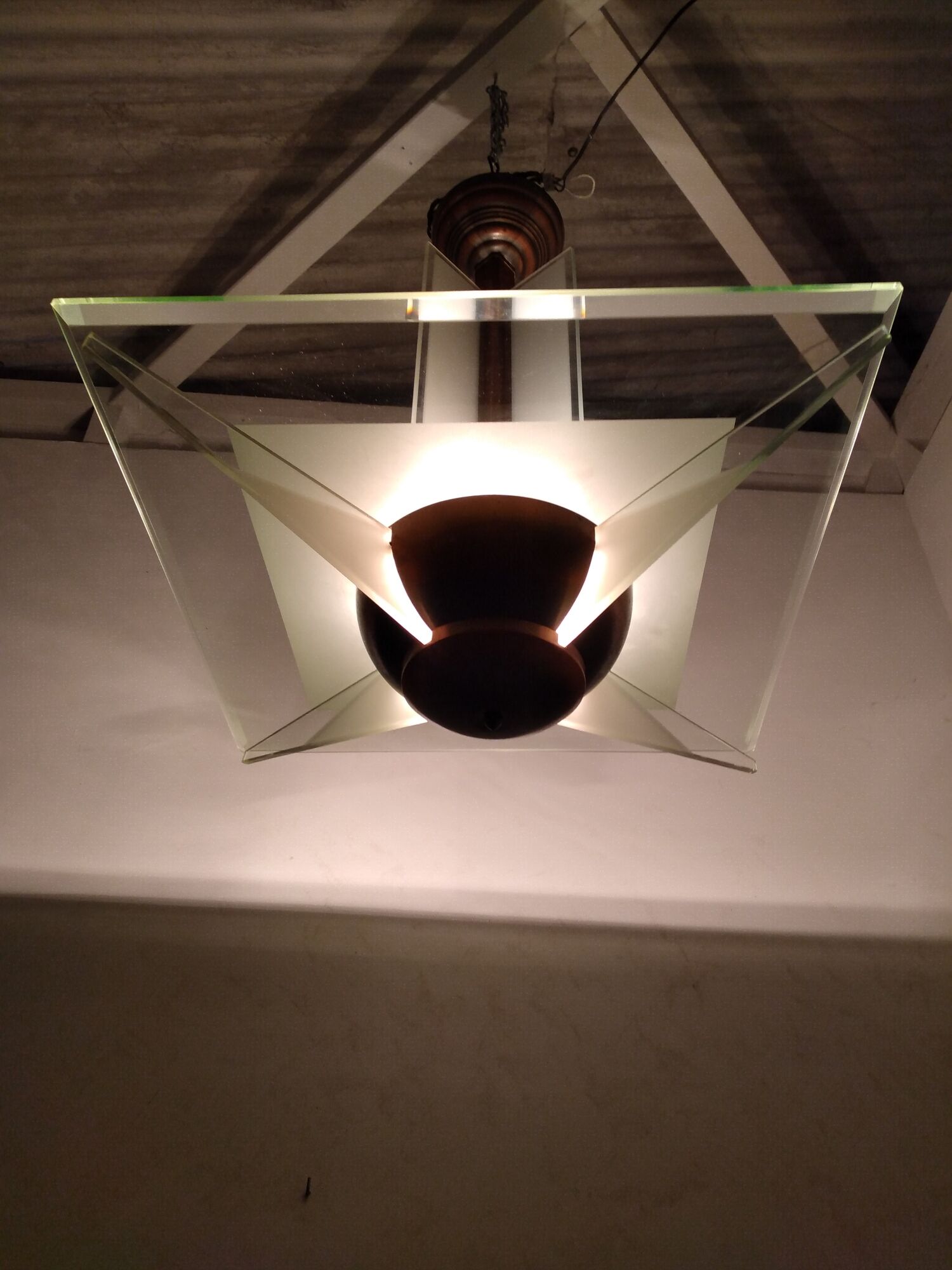 Modernist art deco chandelier/pendant lamp in glass and metal