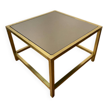 Table basse carré en laiton et verre fumé vintage
