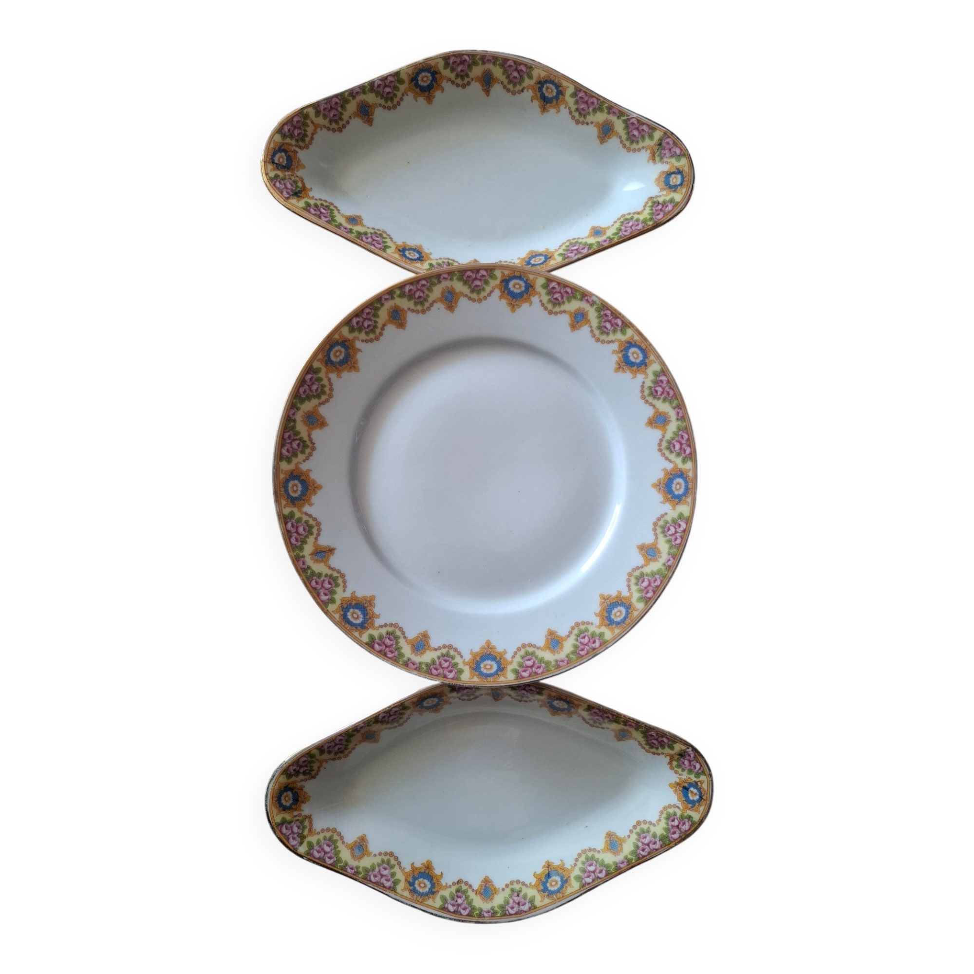 Dessert plate and 2 antique bowls