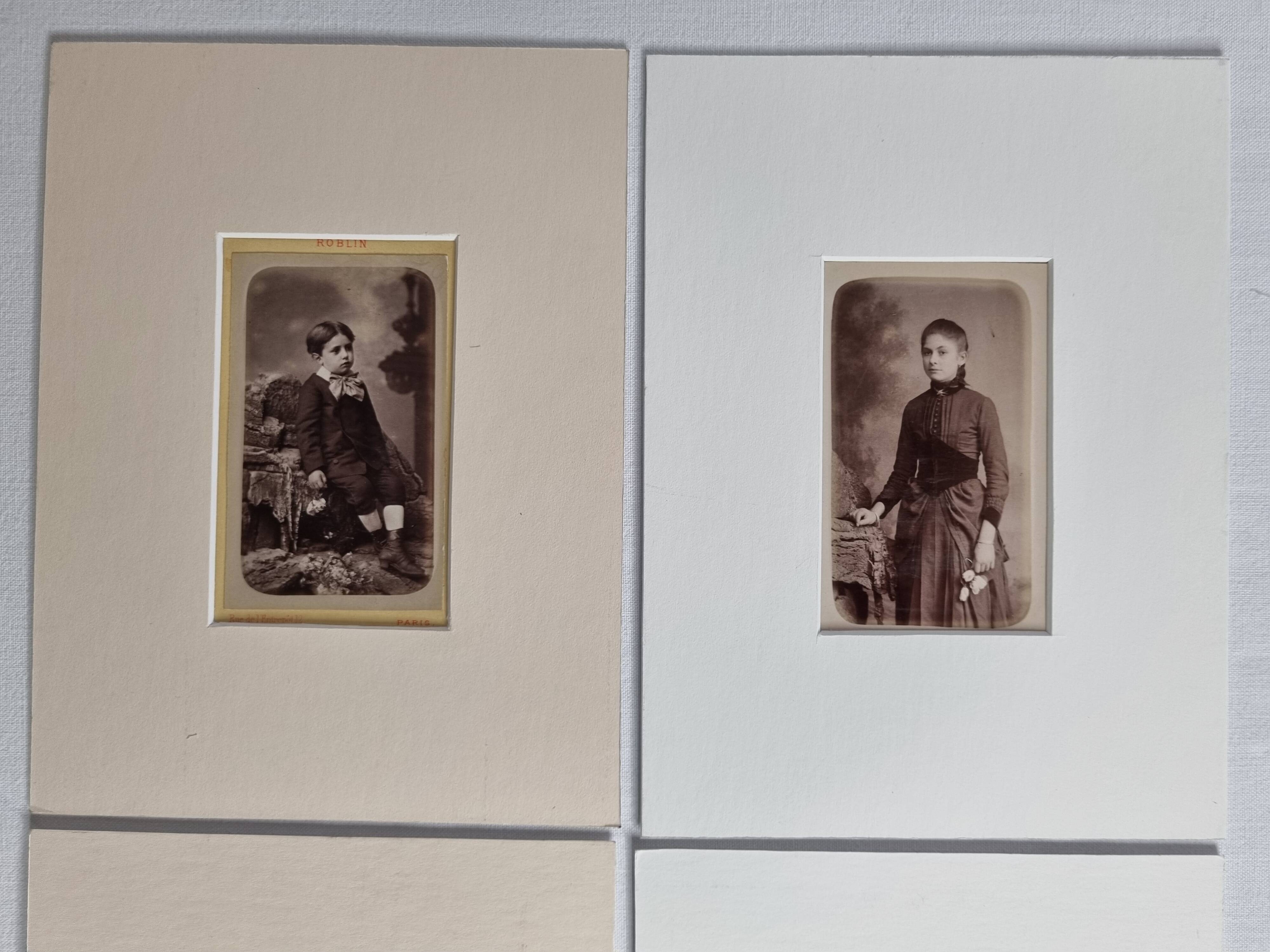 Set of 4 mounted old photographs, portraits of children and young women from the 19th century