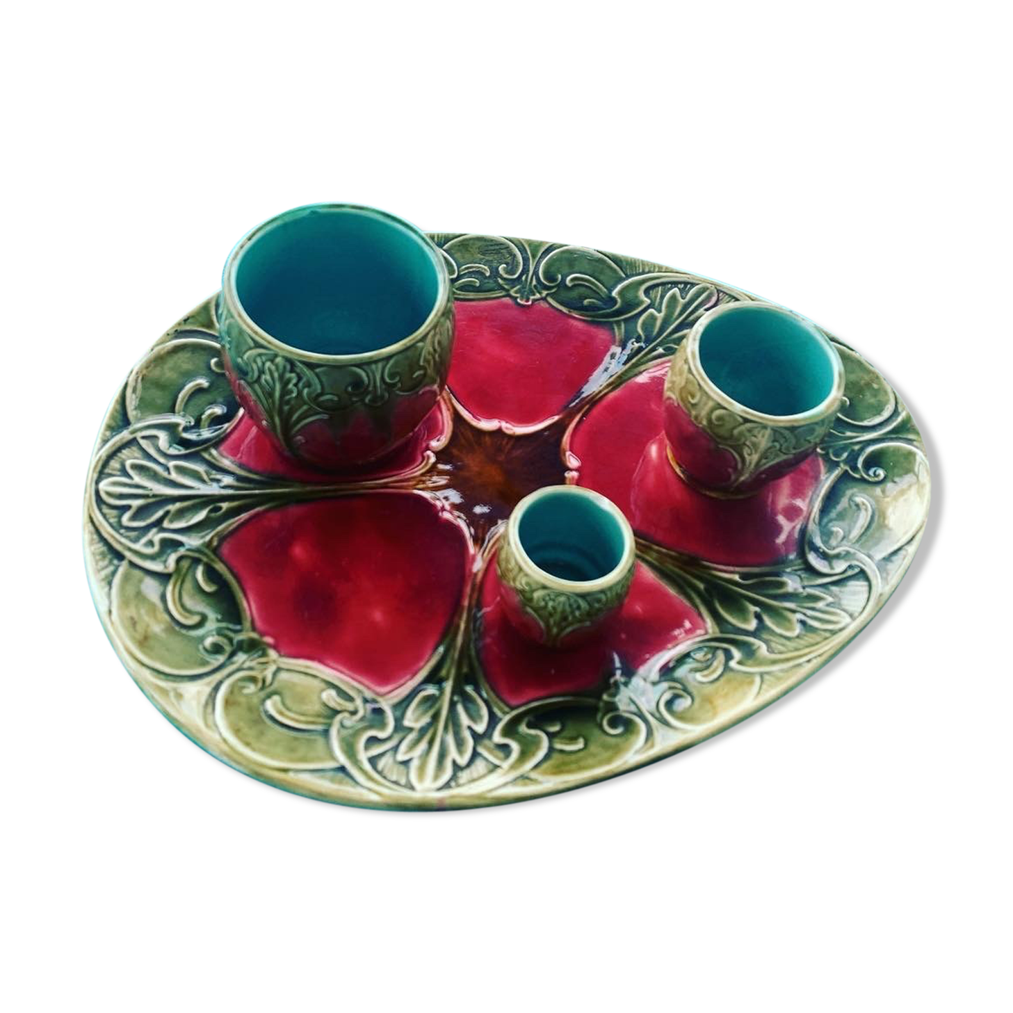 Set of art nouveau slurry consisting of a large dish and 3 small collector's jars