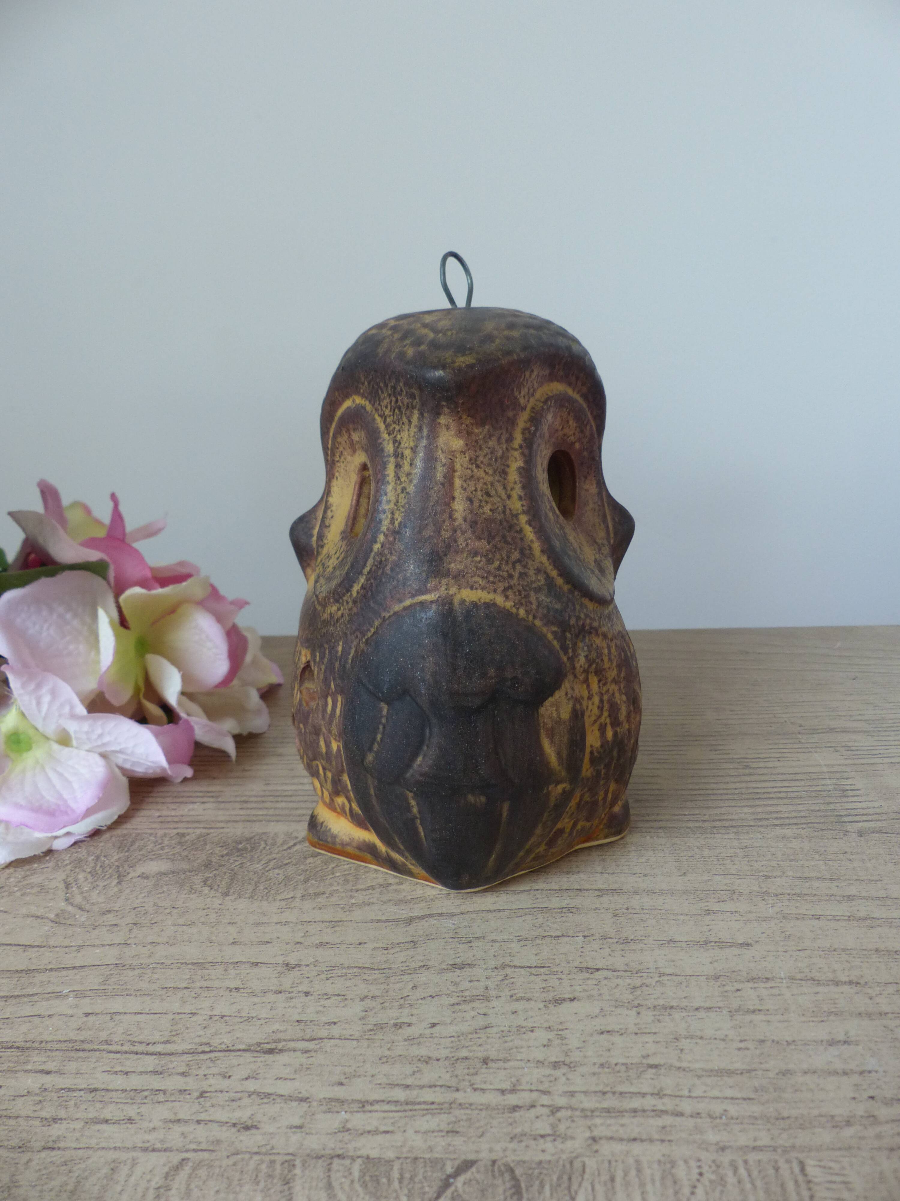 Vintage owl shaped stoneware tealight candle holder, owl lantern