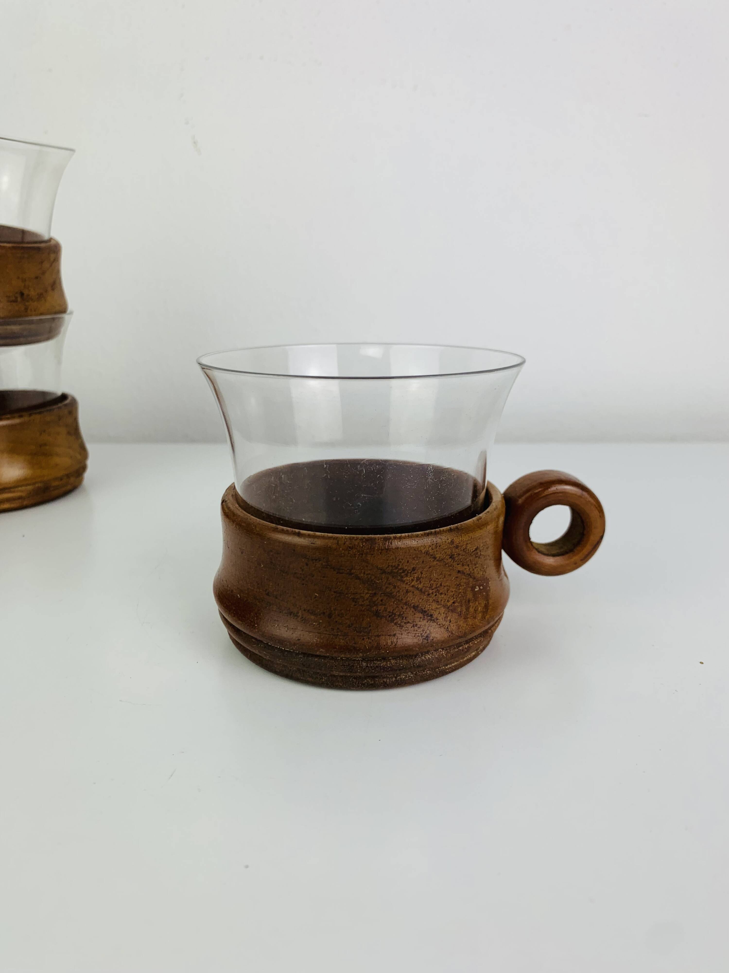 6 glass and teak cups in Scandinavian style, 1960s