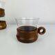 6 glass and teak cups in Scandinavian style, 1960s