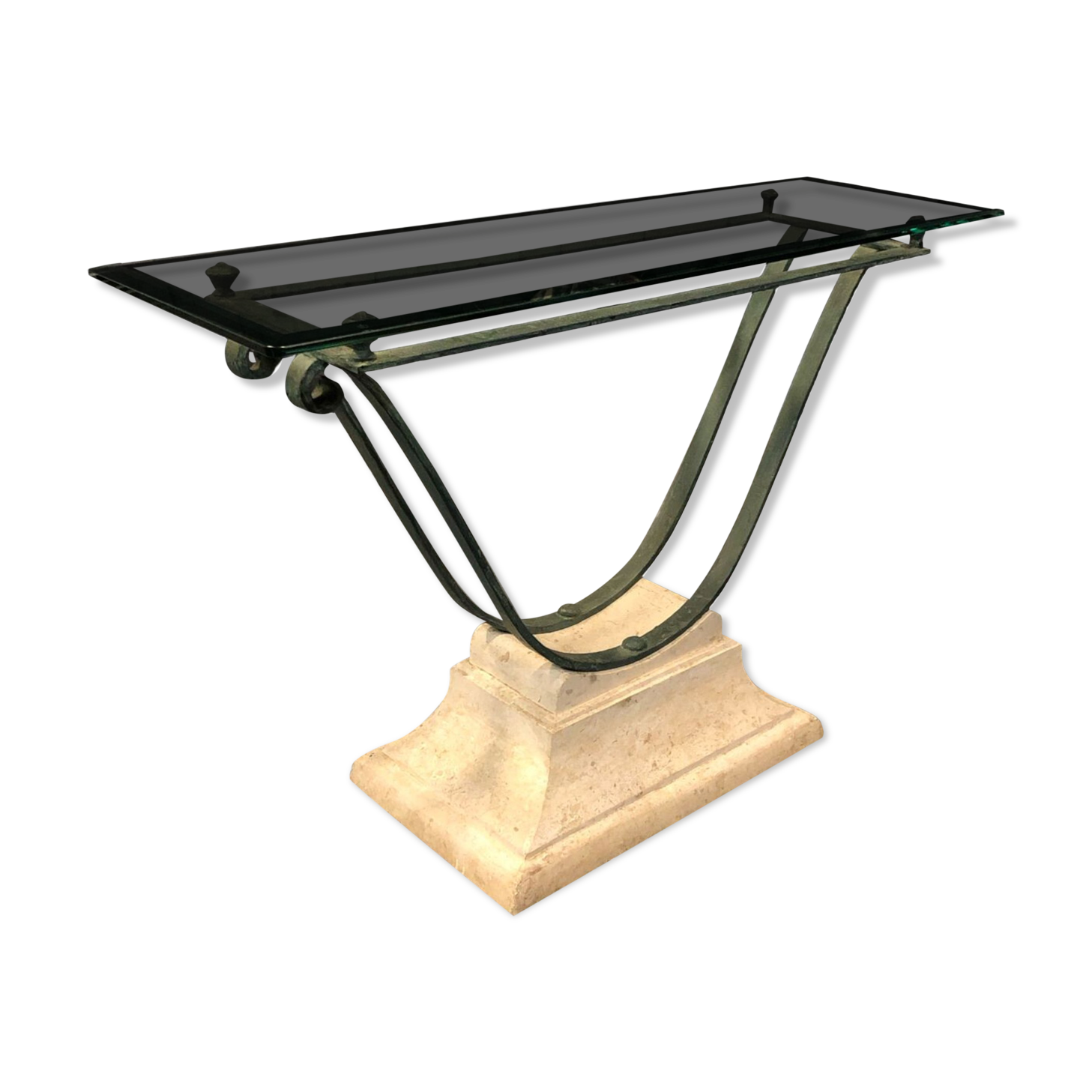 Iron and glass console, antique patina