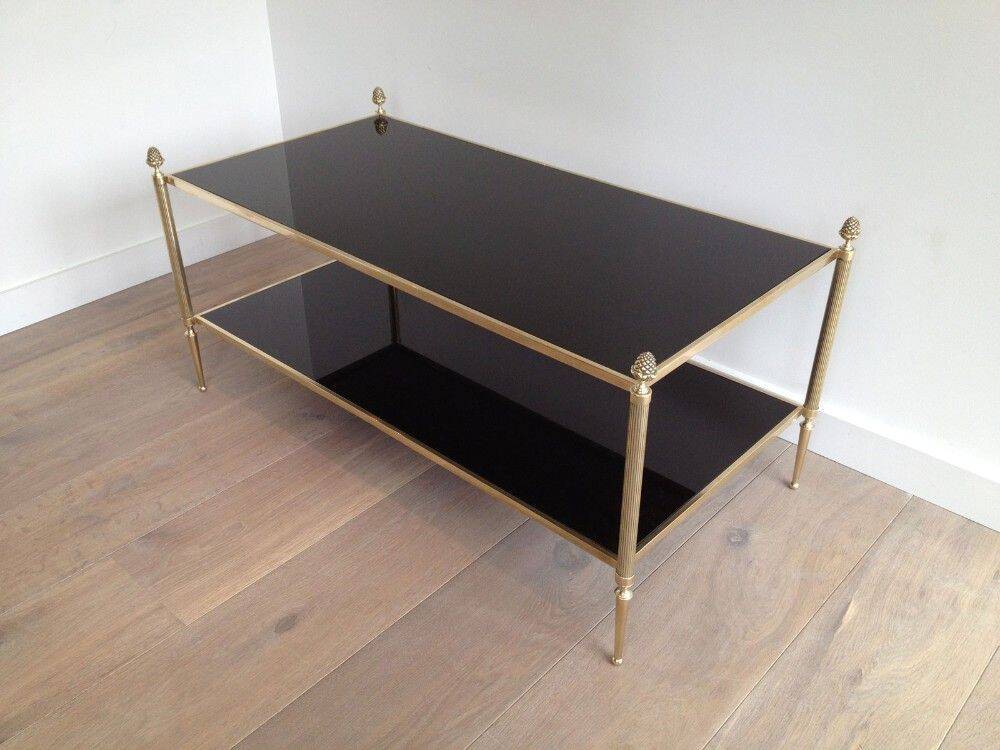 Neoclassical style coffee table in bronze and brass with double black lacquered glass tops from Maison Baguès
