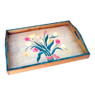 Rectangular serving tray wood with floral decoration