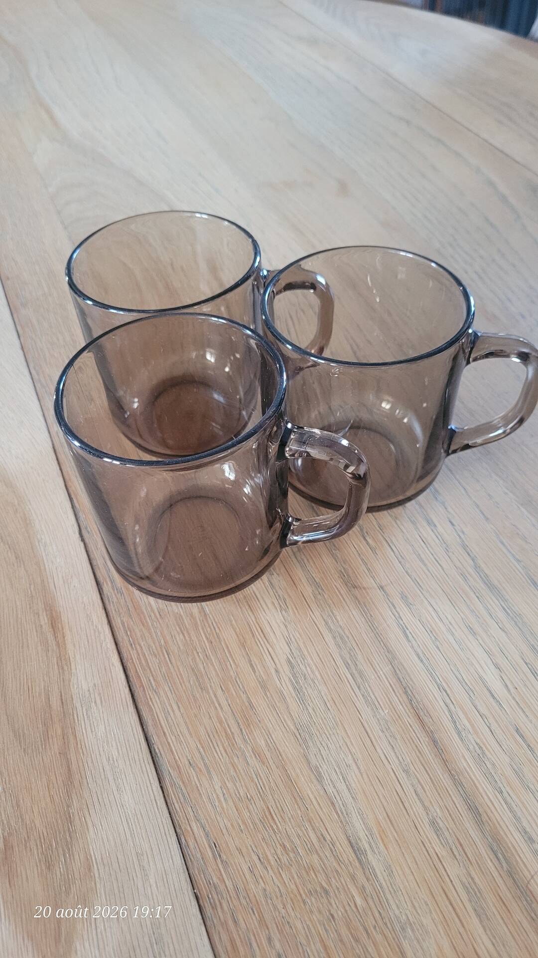 3 Arcoroc BP mugs in smoked glass