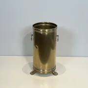 Cylindrical Brass Umbrella Stand with Ring Handles and Claw Feet.
