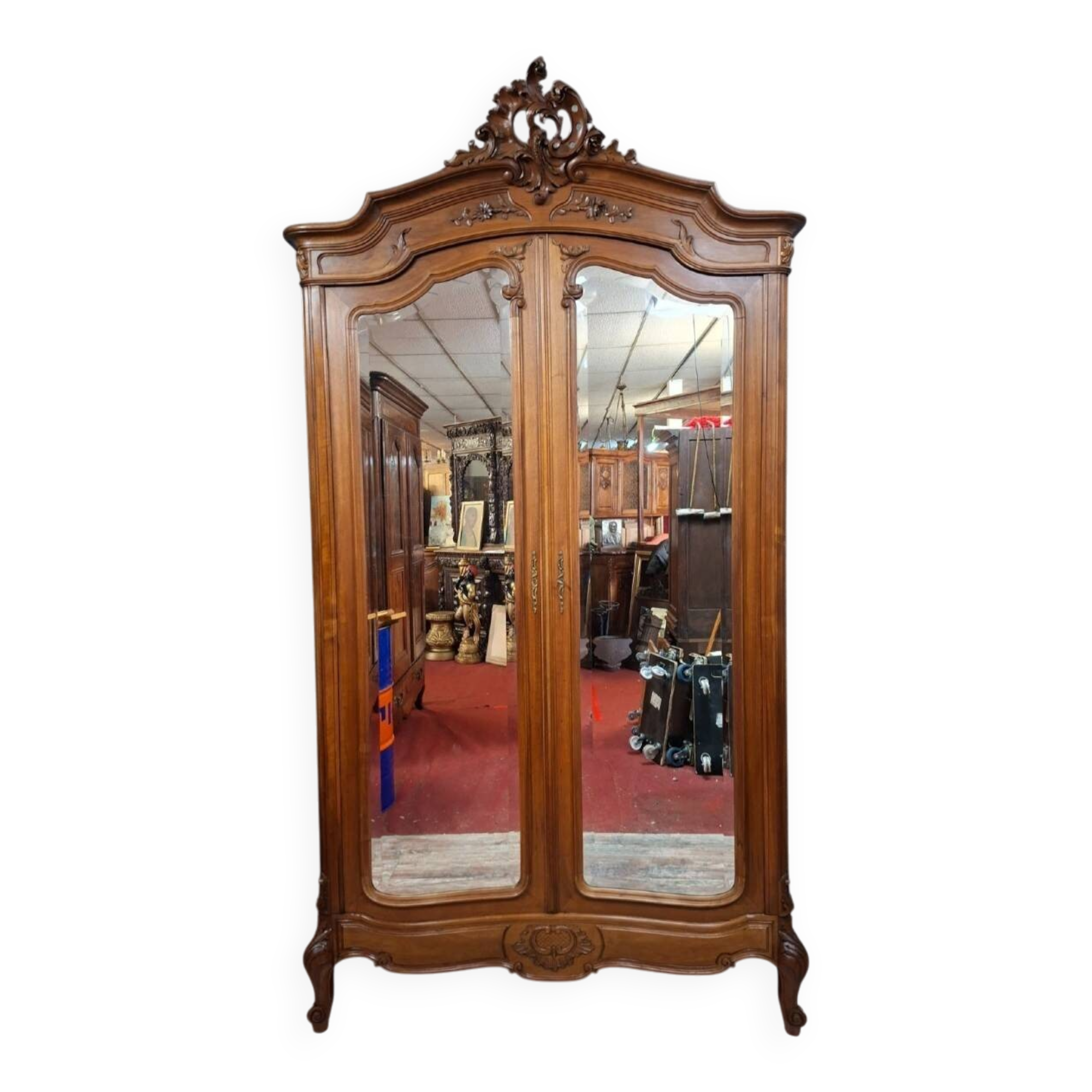 antique walnut carved wardrobe – Louis XV style – mirror doors – 19th century