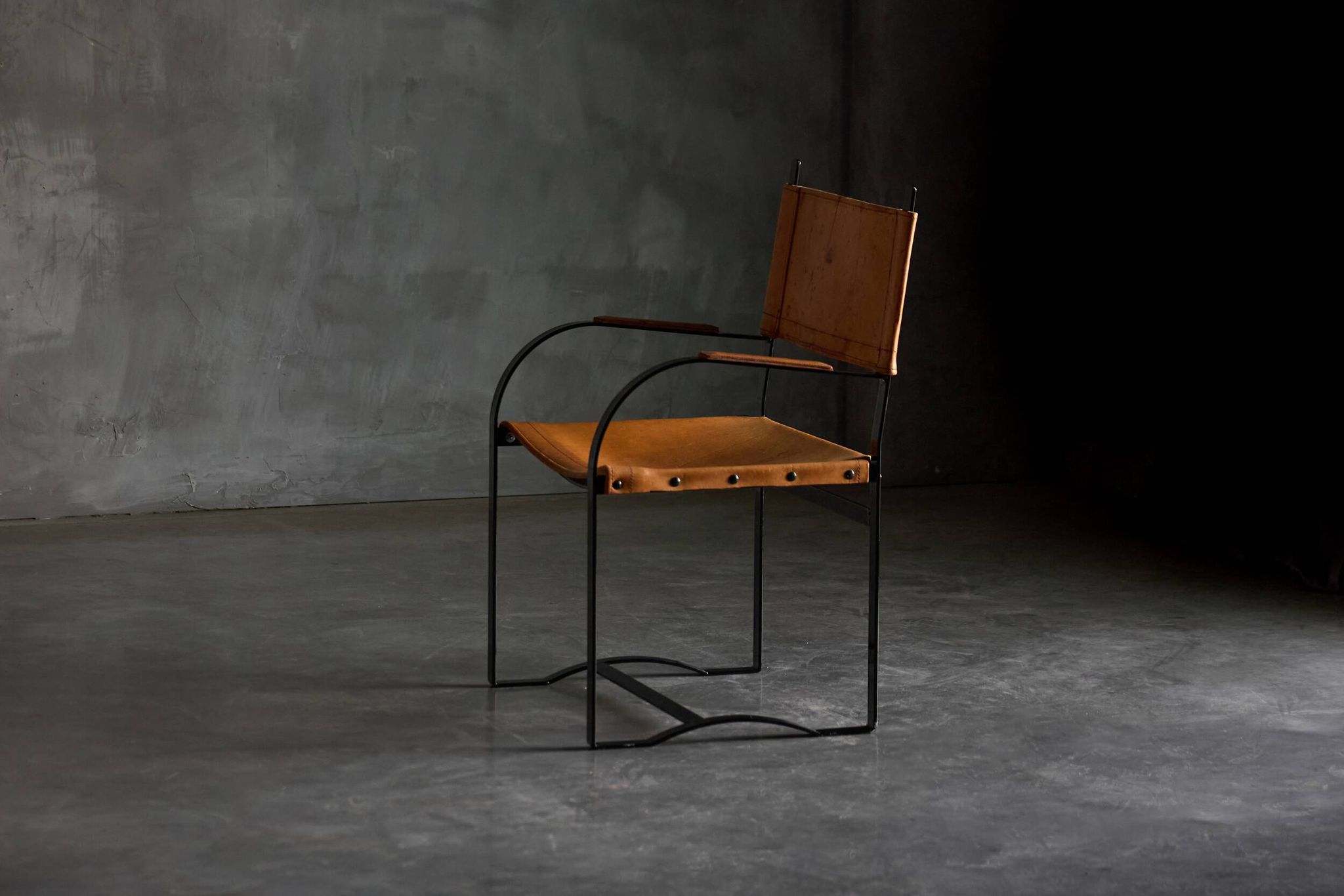 Cognac Leather Armchair, Black Lacquer Steel Frame, Belgium, 1960s