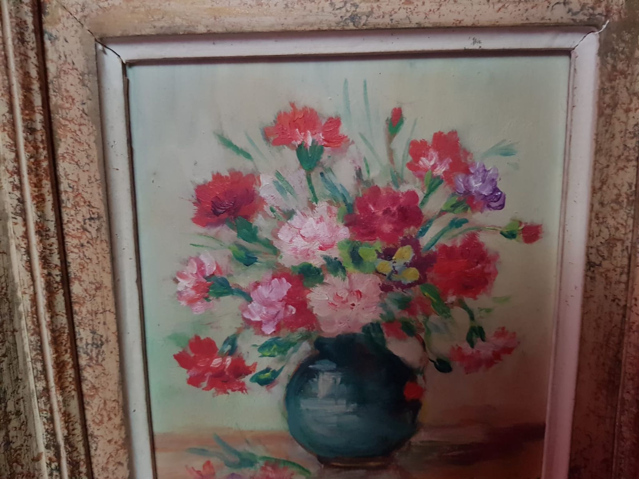 Pair old table c. de fred flower bouquet oil on vintage panel