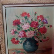 Pair old table c. de fred flower bouquet oil on vintage panel