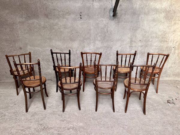 Série de 7 Chaises bistrot cannée cannage ancien troquet
