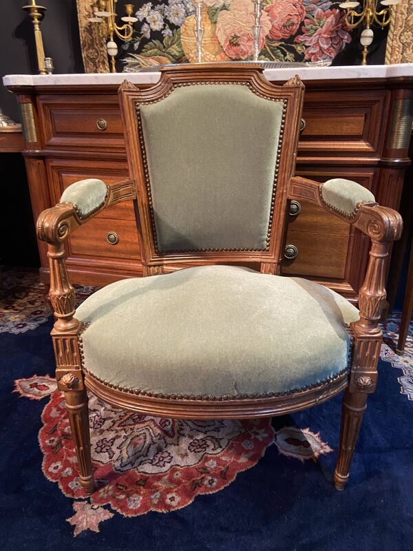 Fauteuil cabriolet velours vert d'époque XVIIIe Louis XVI