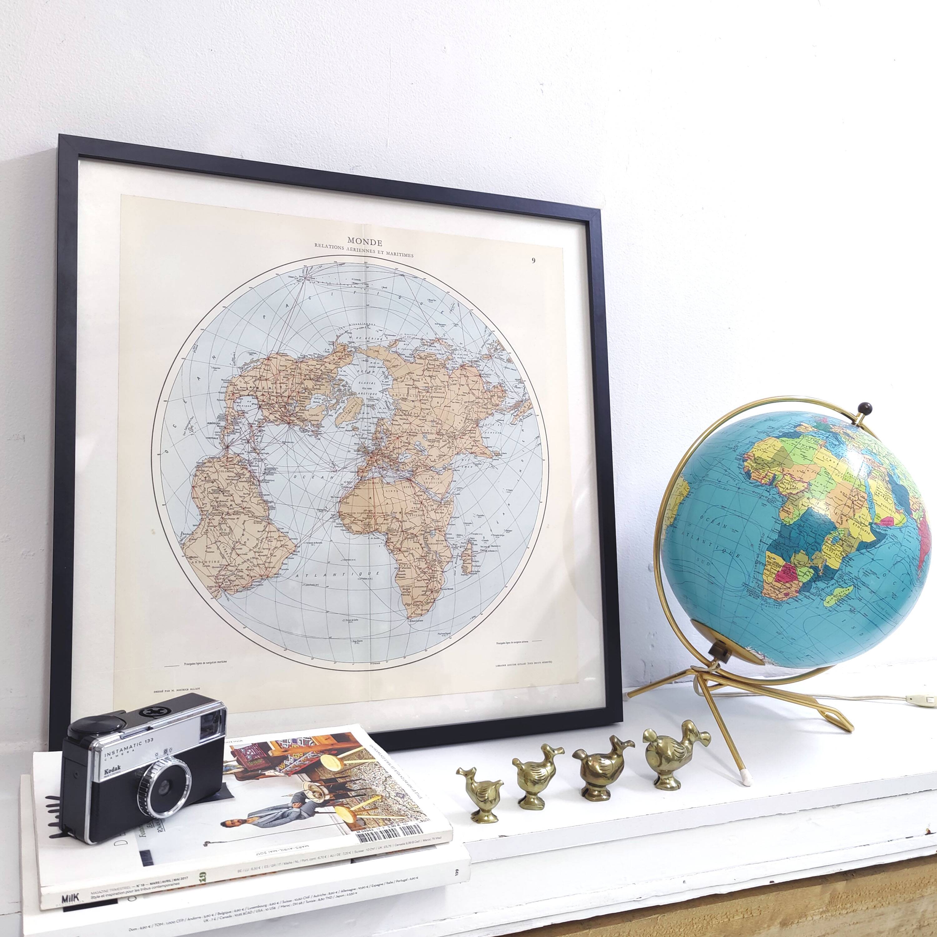 World map planisphere vintage air and maritime lines from 1950