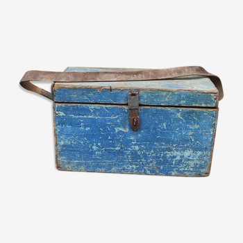Caisse d'atelier de chantier en bois patinée bleue vintage