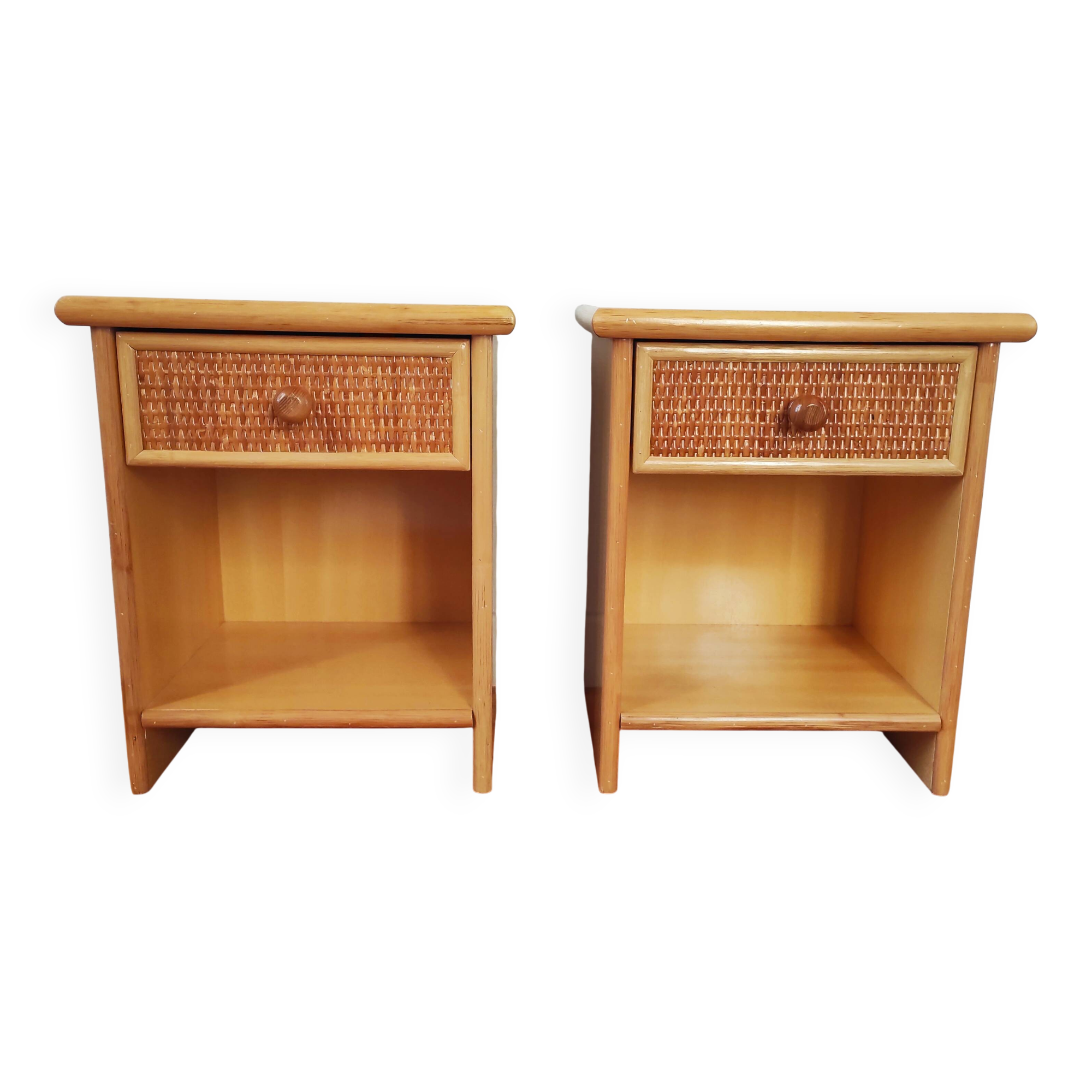 Pair of vintage bedside tables in wood and rattan.